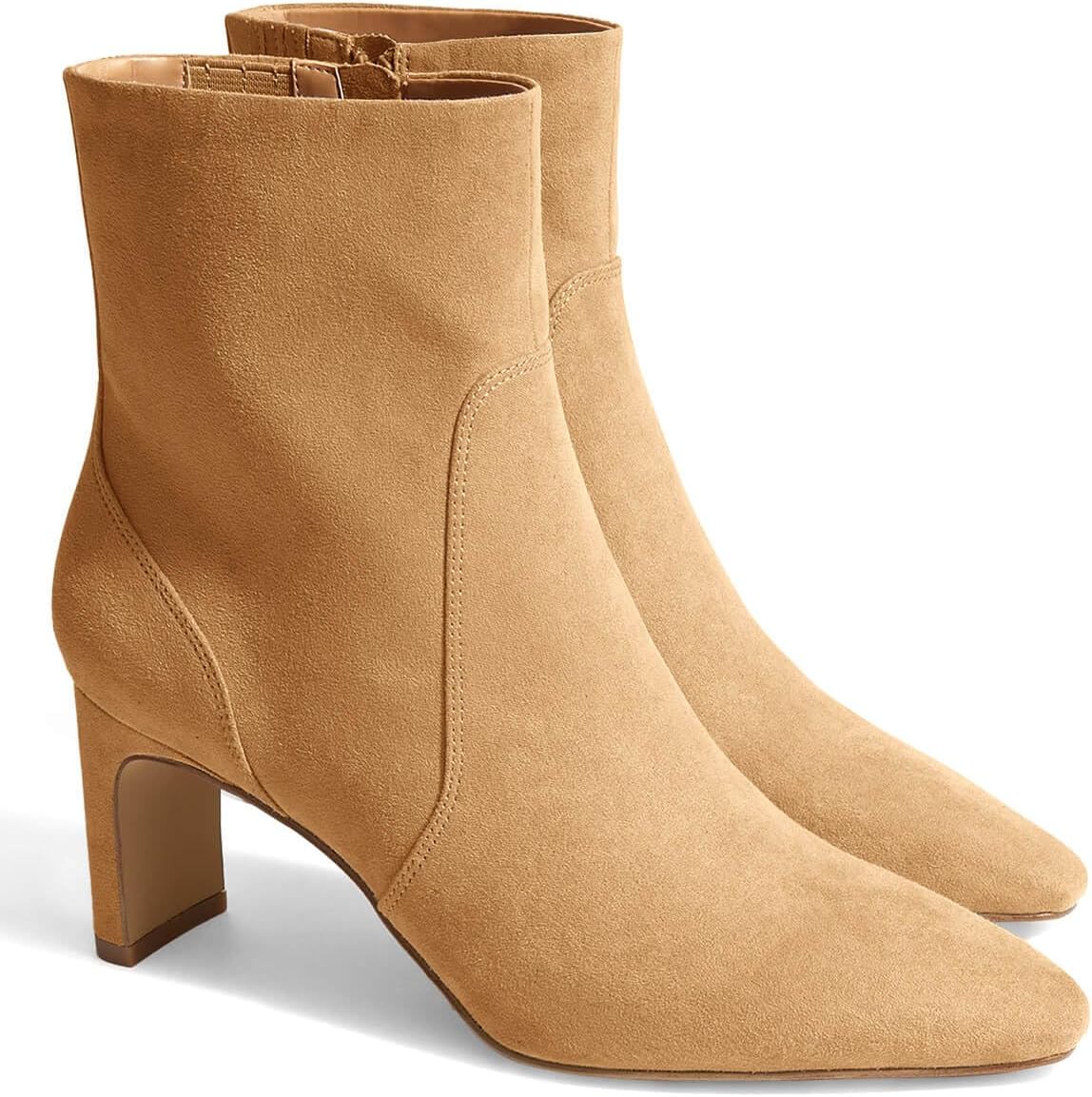 Coutgo Womens Chunky Low Heel Ankle Boots Square Pointed Toe Side Zipper Booties Faux Suede Fall Shoes