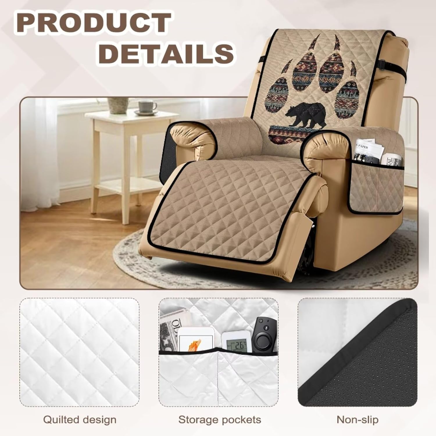 Aztec Tribal Bear Paw Print Recliner Chair Covers Recliner Slipcover Non-Slip Dog Chair Cover Washable Lazy Boy Recliner Cover Furniture Protector with Elastic Strap