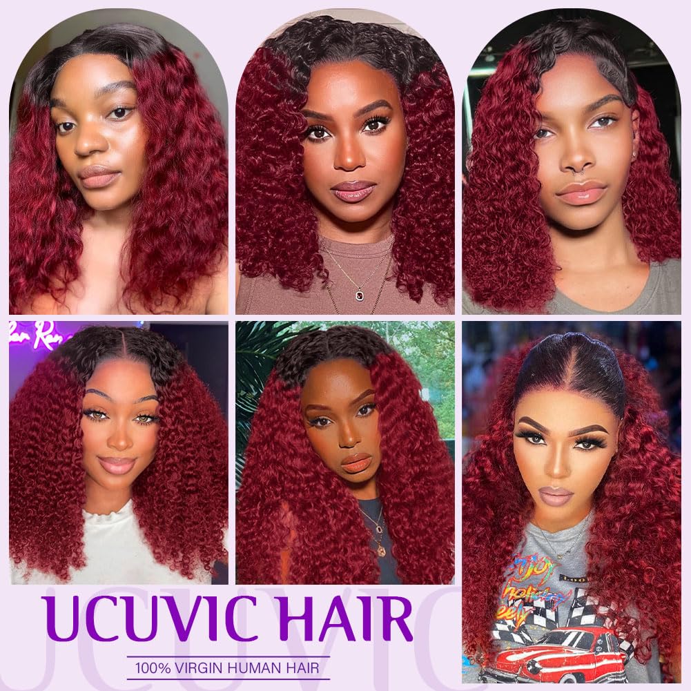 UCUVIC Glueless Wigs Human Hair Pre Plucked Pre Cut Wear And Go Curly 5x5 Deep Wave Bob Wig Human Hair Lace Front Closure Wigs For Black Women 200 Density Curly Wig Glueless Ombre Burgundy 14 Inch