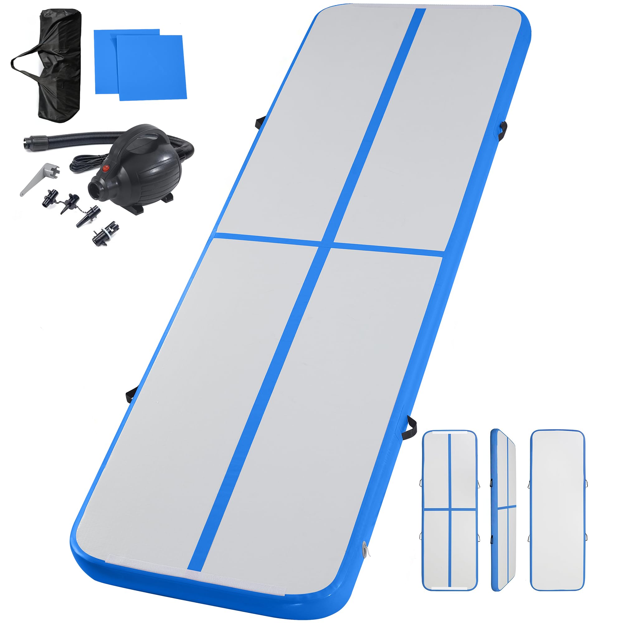 LSLIFE Air Gymnastics Track Inflatable Tumble Track Mat, 10ft 13ft 16ft 20ft Air Tumbling Mat with Air Pump Gym Tumbling Floor Mats for Home Use/Cheerleading (Blue, 6.5ft*3.3ft*4in(200x100x10cm))