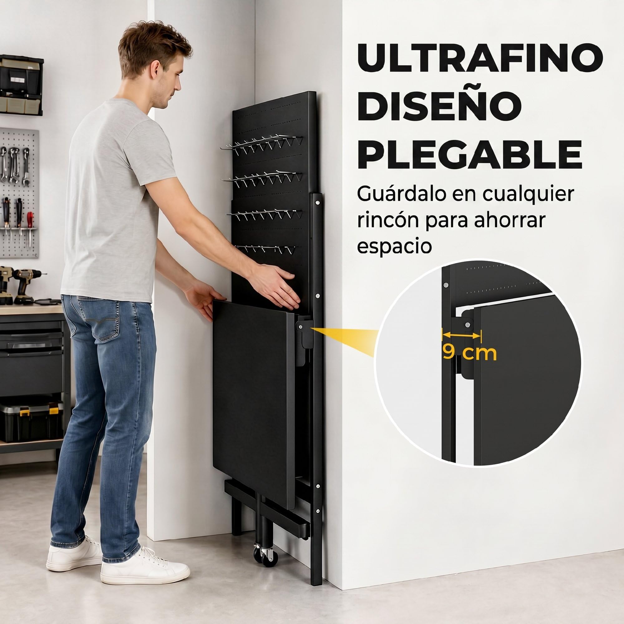 HOMCOM Banco de Trabajo Plegable con Tablero Perforado 115x62x143,5cm Negro | Ruedas, Mesa de Trabajo con Ganchos, Marco de Acero, para Garaje o Taller