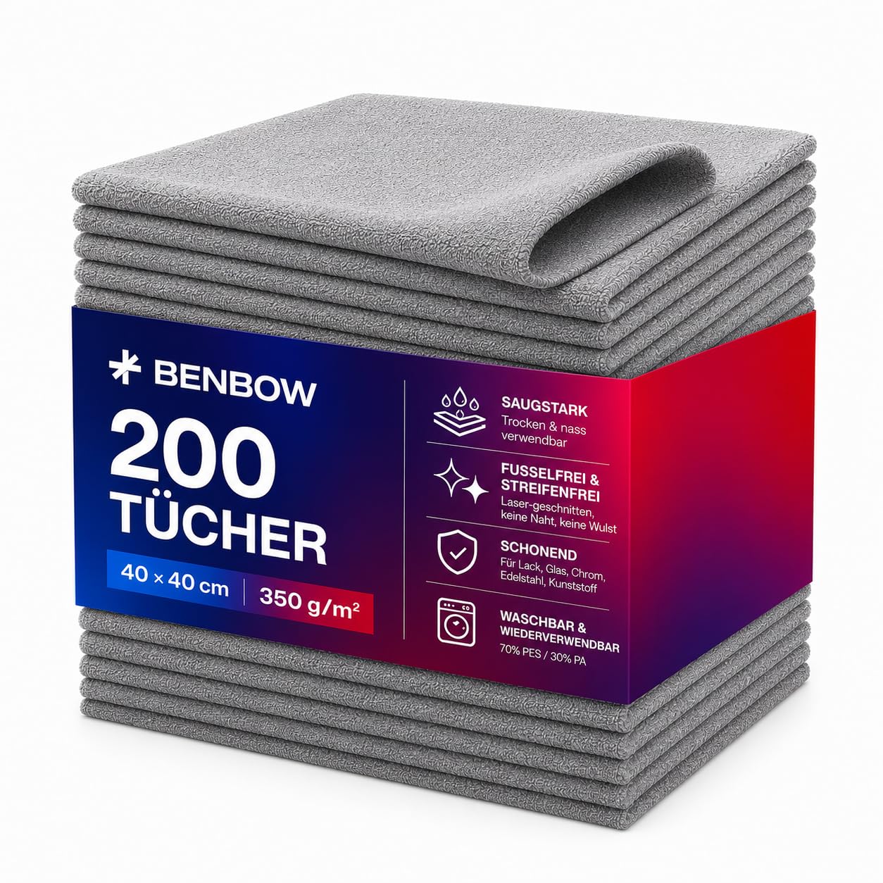 BenBow Mikrofasertücher 200 Stück 40x40 cm 350 GSM – Lasergeschnitten, fusselfrei, saugstark – Auto Poliertuch, Trockentuch, Grau