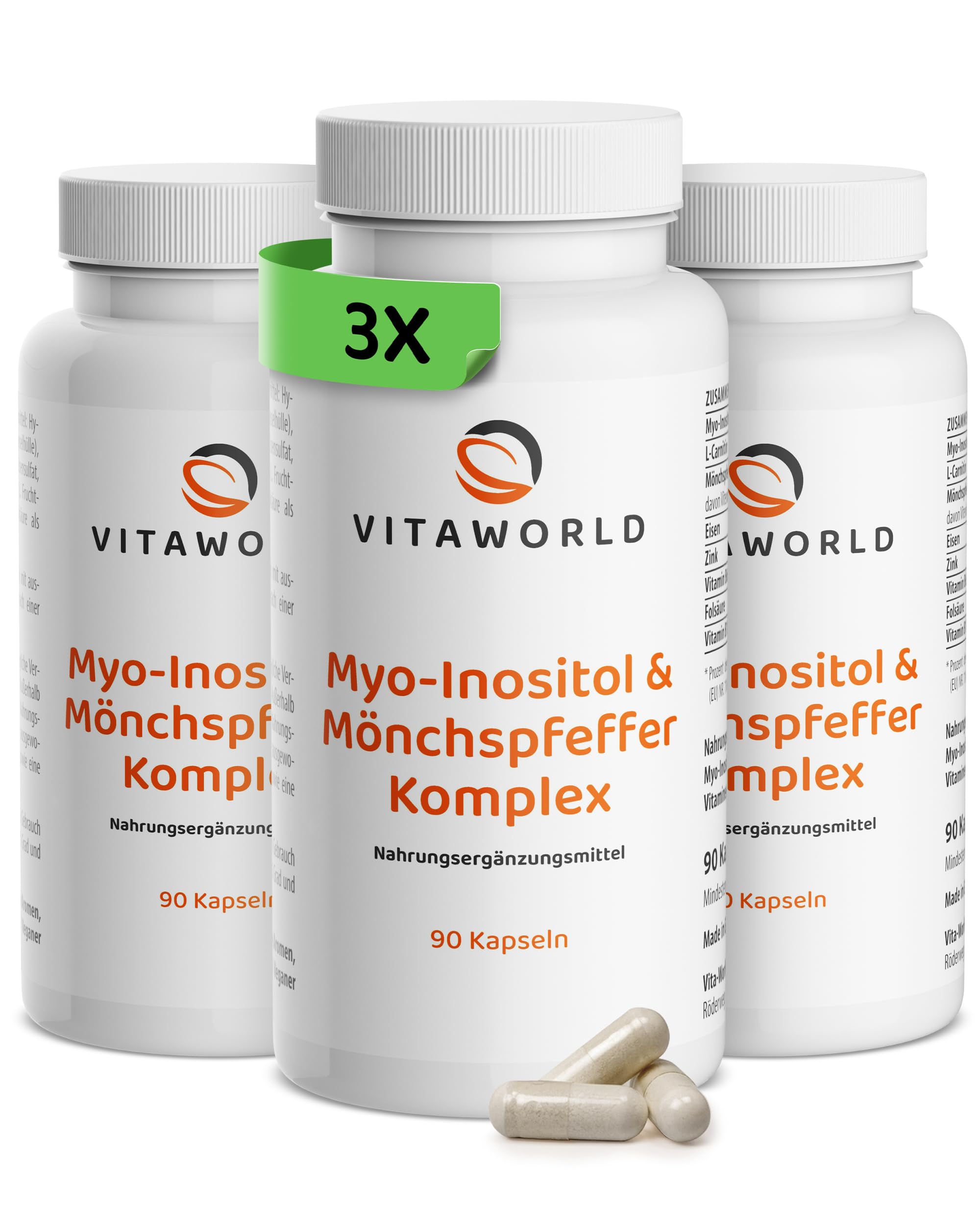 3x Myo Inositol & Mönchspfeffer hochdosiert – 270 vegane Frauen Vitamine Kapseln mit L-Carnitin, Folsäure, B6, B12, Eisen & Zink - Vitex Agnus Castus - laborgeprüft, gluten- & laktosefrei - vitaworld