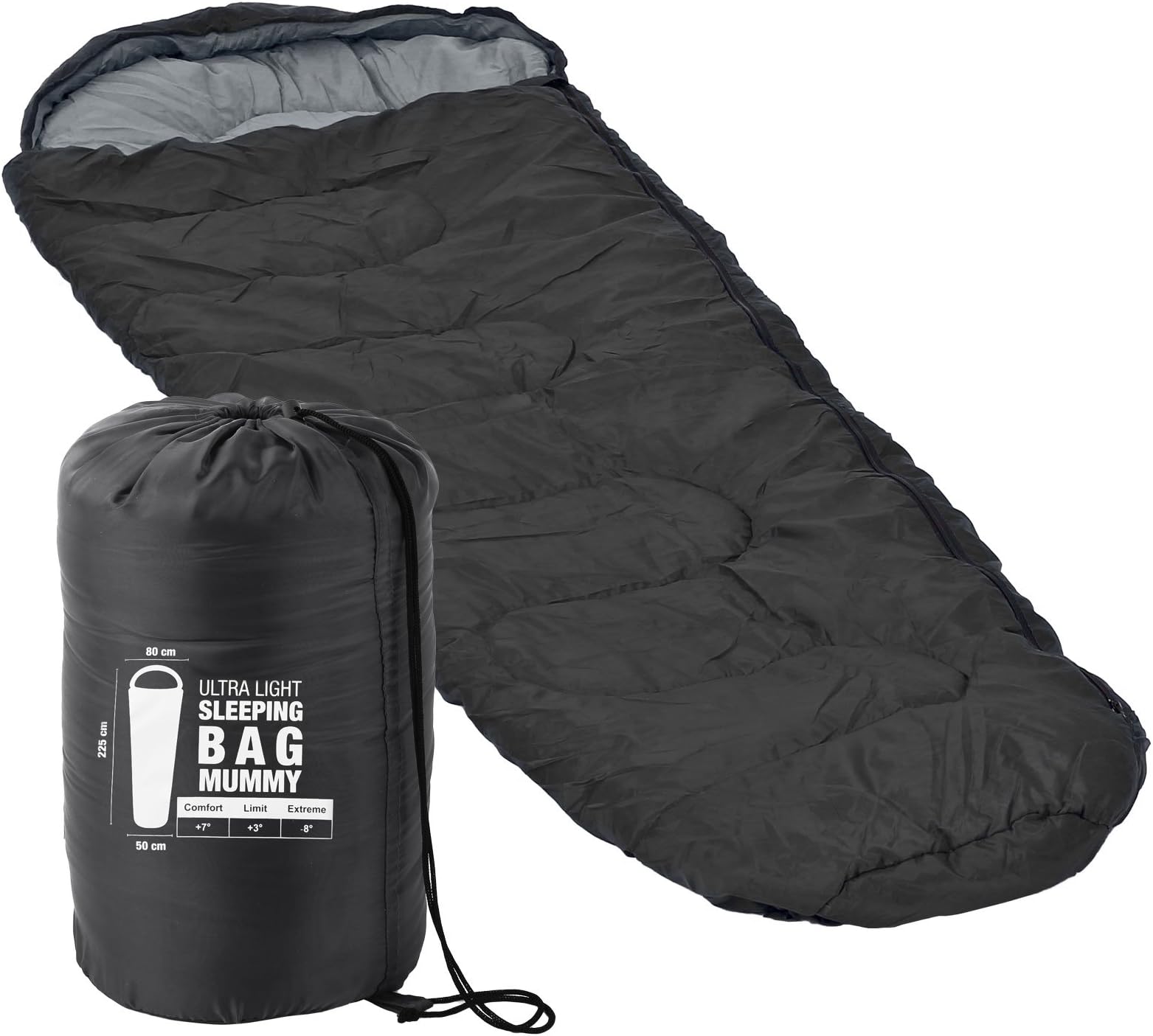 Grey Ultra Light Mummy Sleeping Bag 225 x 80 x 50 Minus 8 °C for Camping, Tents and Outdoor