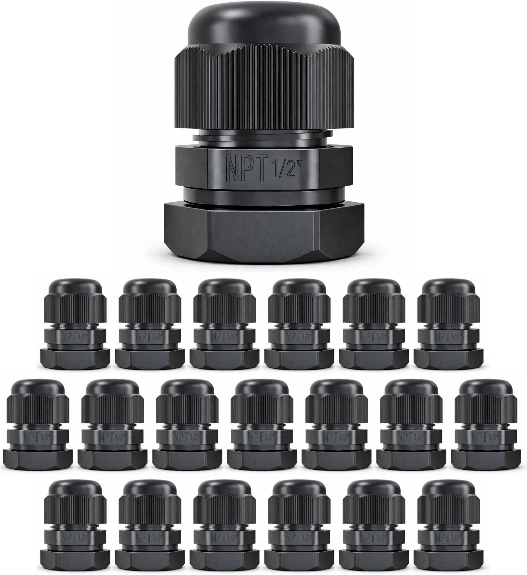 MGI SpeedWare 1/2" NPT Strain Relief Nylon Cord Grip Cable Glands, Black Plastic Grommet 20-Pack