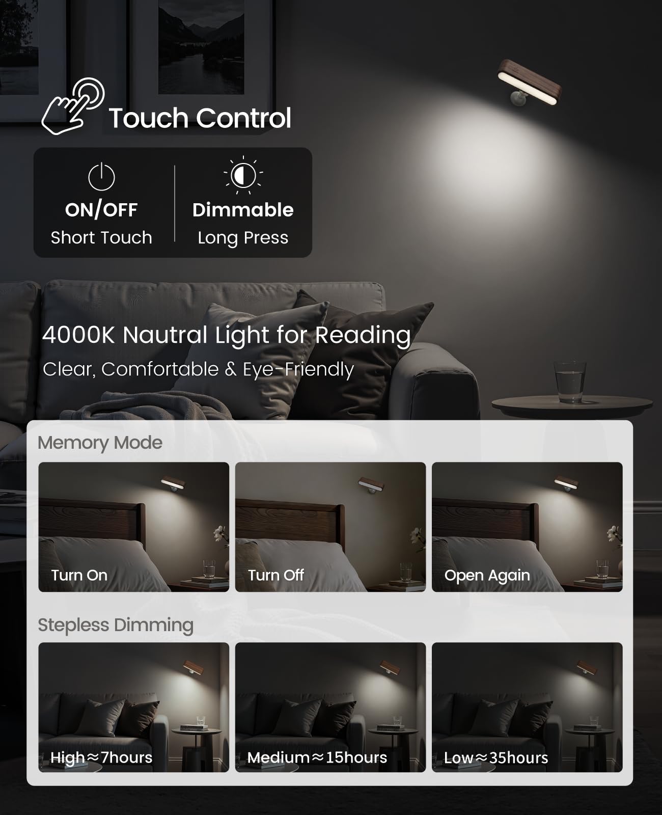 Aplique de pared LED de madera magnético giratorio de 360°, mini lámpara de brillo ajustable, luces nocturnas recargables, luz de lectura alimentada por pilas, para mesita de noche, pasillo, sala de