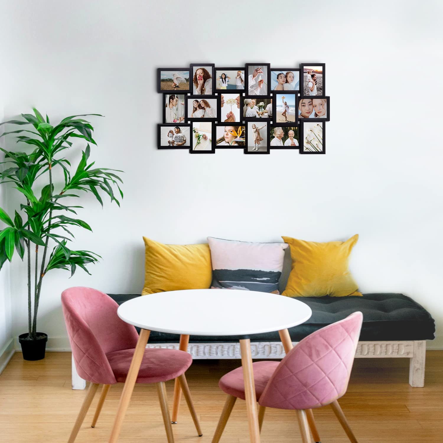 jm-deco picture frames collage 18-opening for wall decor, reunion friends family college picture frame, memory photo frames collage 4x6 for homie, gallery puzzle collage wall hanging for 4x6| black