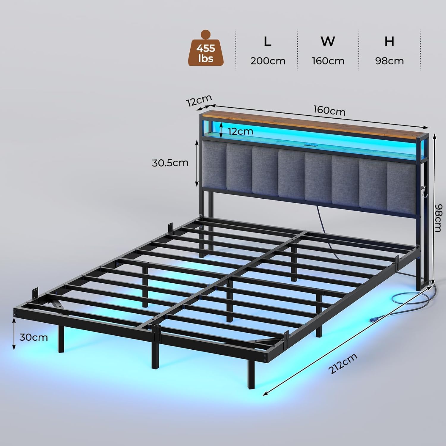 AOGLLATI Letto Matrimoniale, Letto 160x200 cm con Illuminazione a LED e Stazione di Ricarica, Struttura Letto con Testiera Imbottita, Effetto Visivo Levitante, Stile Minimalista, Grigio Scuro