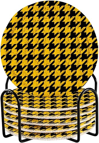 Coasters Set of 6 with Holder Coasters for Drinks Absorbent Table Coasters Porta Vasos para Mesas Yellow Black Buffalo Plaid