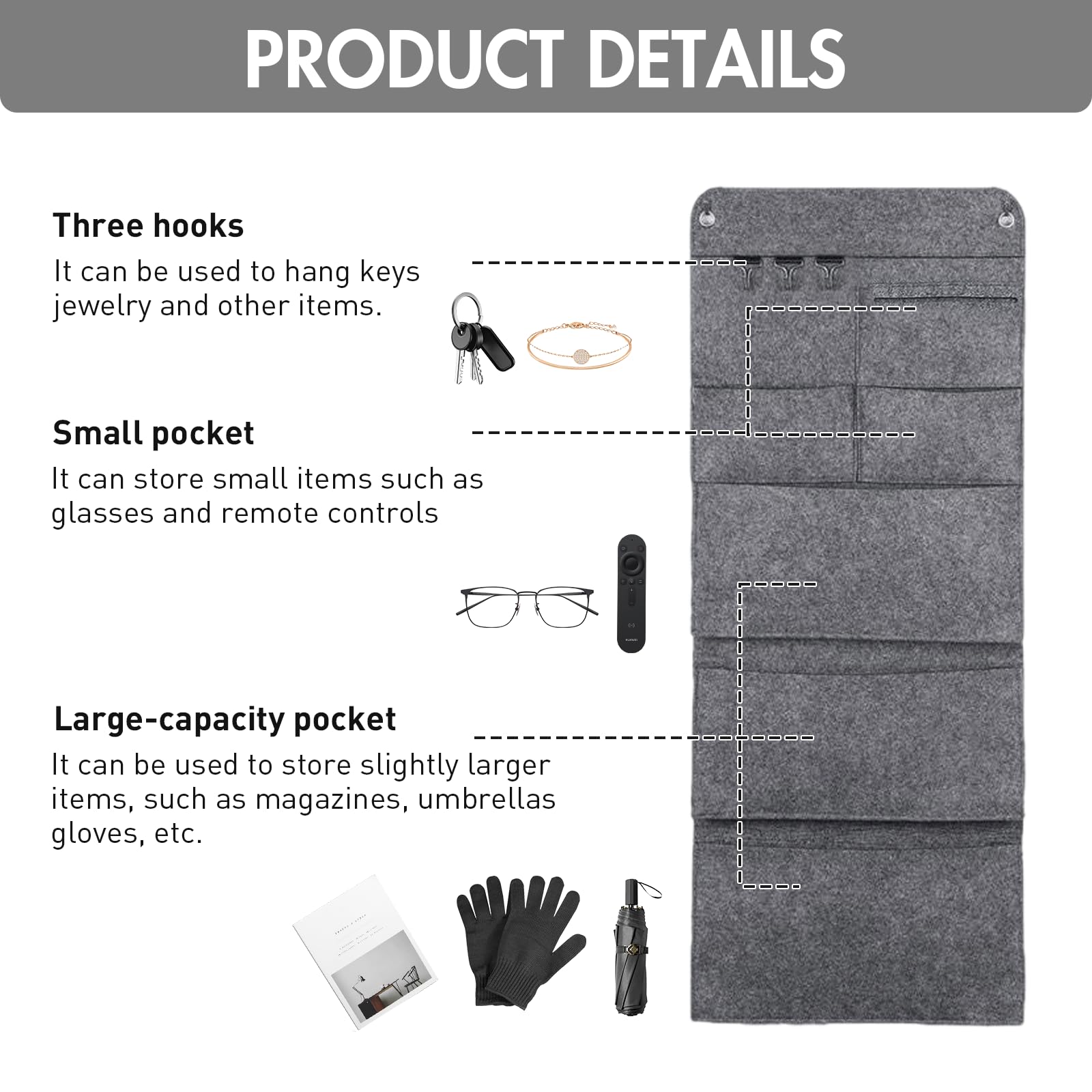 Wiszący organizer, 6 przegródek, 3 haczyki, 80 x 32 cm, organizer ścienny, wiszący, filcowy, składany, duża pojemność, organizer ścienny do drzwi, łazienki, korytarza, biura, organizer