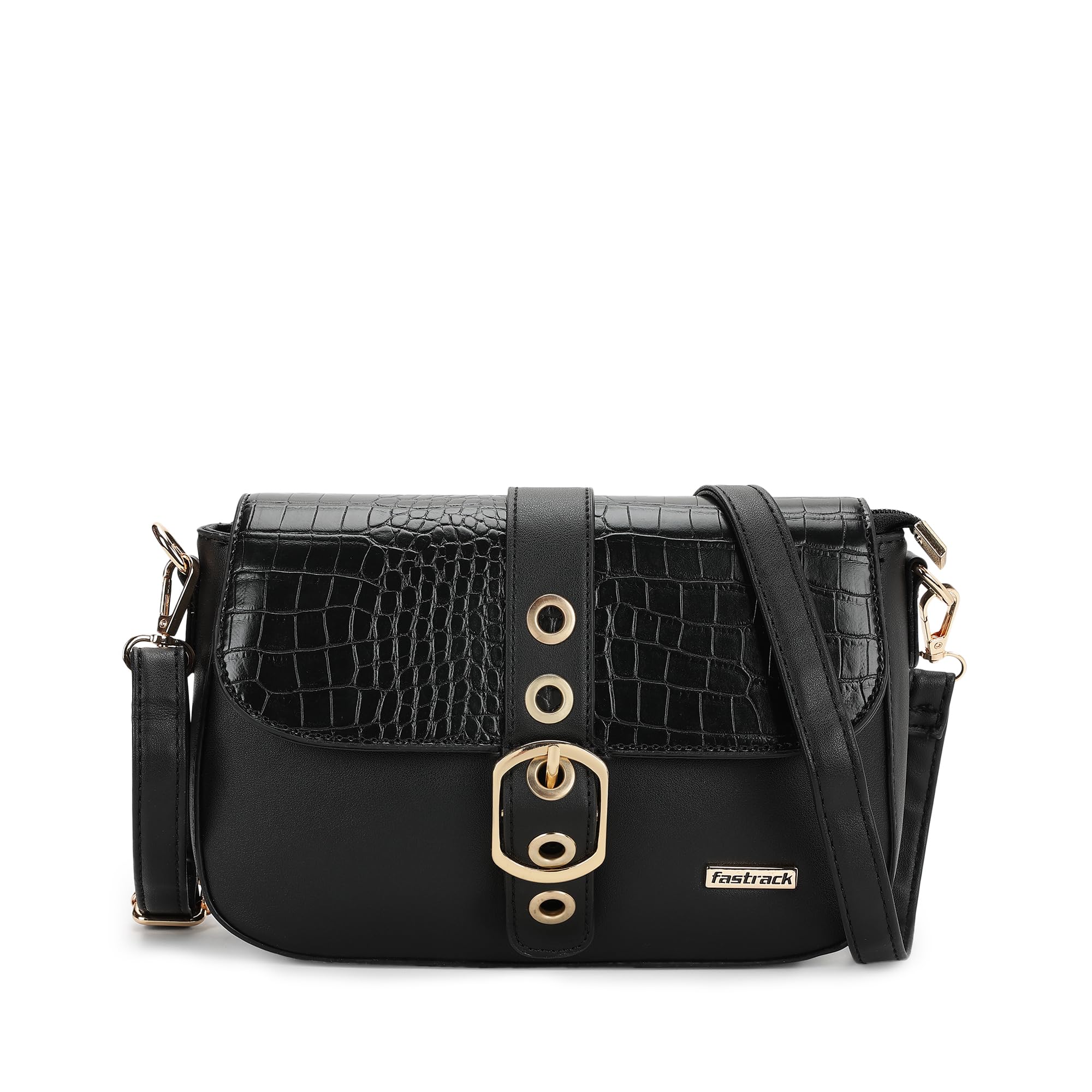 Women's Croco Buckle Sling Bag | Adjustable Strap, Flap with Buckle Detail, Inner Zip and Slip Pockets | Stylish Everyday Sling | Sling Bag for Casual Carry,Black-image-44