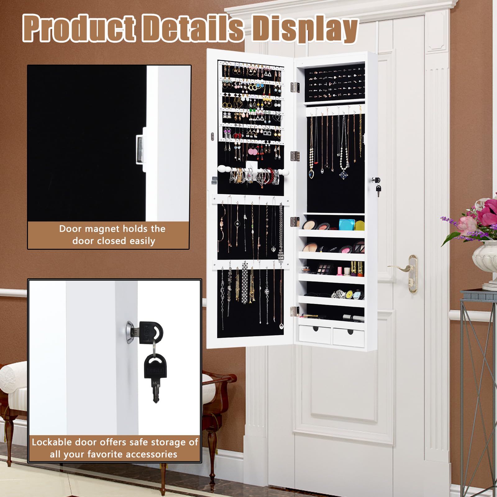 HOMASIS Espejo Joyero de Pared con LED y Cerradura, Armario Espejo Entero, Organizador Joyas, 4,6 cm, Blanco