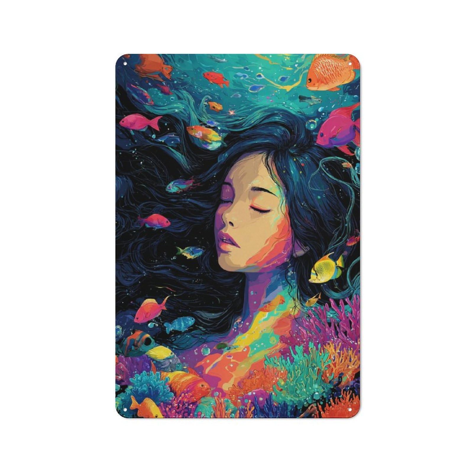 Junmoney Underwater Serenity A Dreamy Fusion Of Woman Tin Wall Plaque 30X20cm With And Fishes For Kitchen Or Home Bar, For Vintage Wall Decor Fans, For Garage And Workshop Walls