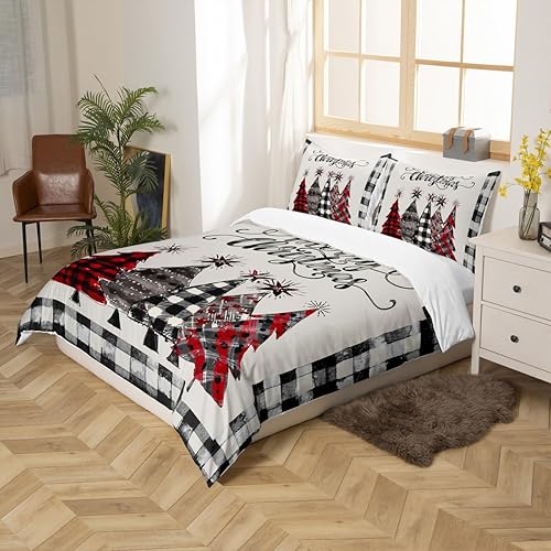 Miniatura 7 de Juego de funda de edredón con diseño de árboles de Navidad, tamaño King, diseño de cuadros geométricos, teñido anudado de tinta, para niñas, niños y