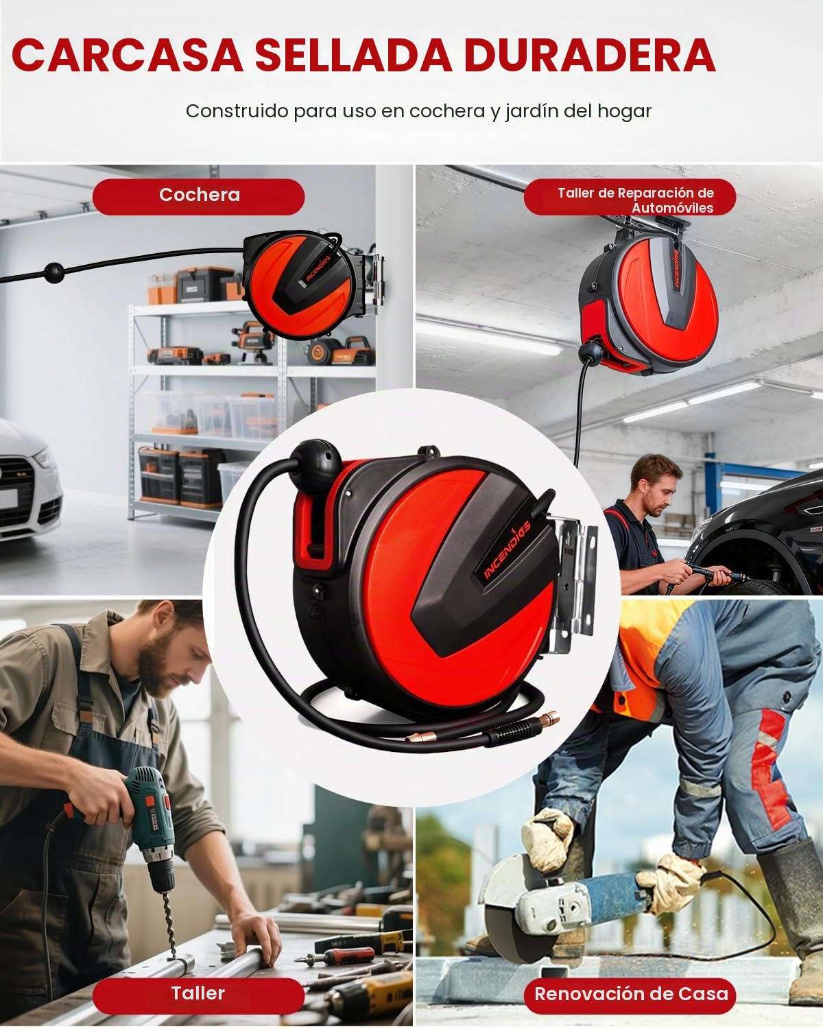 Carrete de Manguera de Aire Comprimido 15m, Conexión 3/8" BSP, 20 BAR | Enrollador Automático de Manguera Neumática con 2m de Manguera de Entrada, Soporte Giratorio 180°, para Taller y Garaje