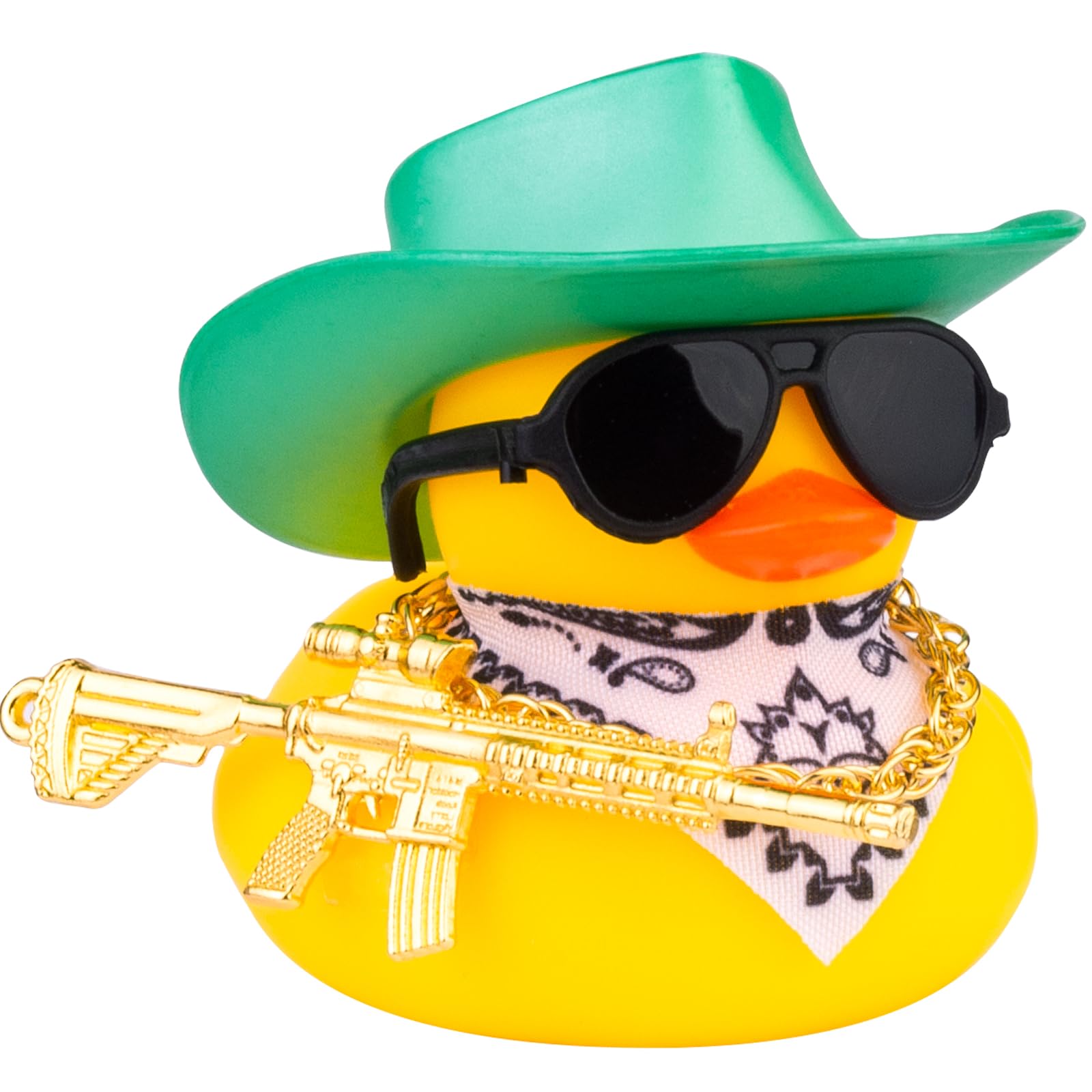 Mwmoeen Ente für Auto Armaturenbrett Dekorationen, Gelbe Gummiente Auto Ornamente mit Cowboyhut Sonnenbrille Goldenen Ketten Halstuch und Coole Requisite für Auto, Büro, Zimmer Dekoration