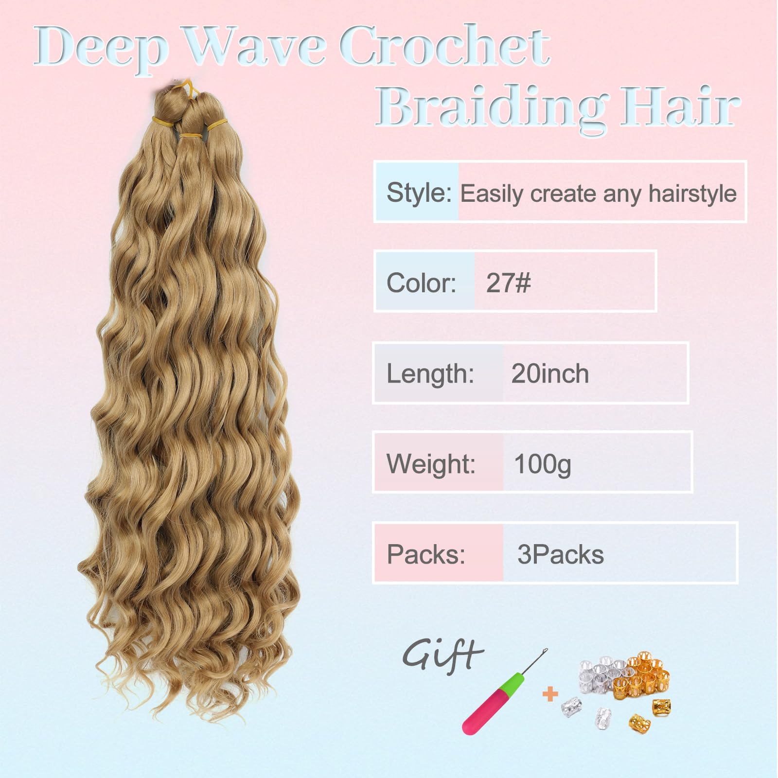 MLETULIPS Curly Crochet Braiding Hair Extensions Deep Wave Braiding Hair Ocean Wave Crochet Hair Soft Synthetic Bohemian Curly Water Wave Crochet Braids for Women (27# - Image 2