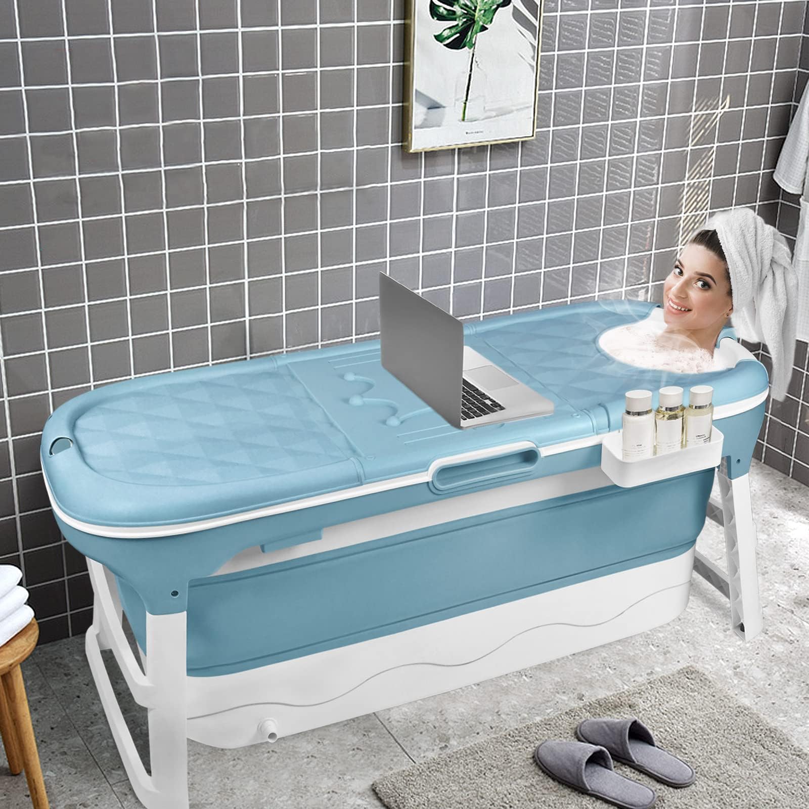 ACXIN Bañera plegable para adultos, bañera móvil con cubierta, cesta de jabón extraíble, ruedas de masaje, práctica y portátil, ideal para baños pequeños (148 x 62 x 53 cm)