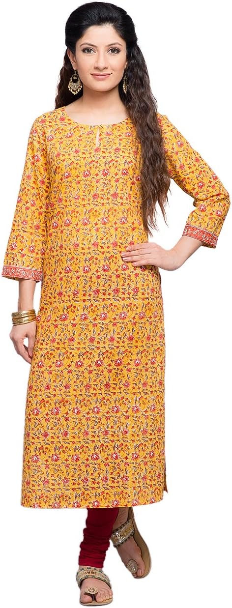 Fabindia Women's Cotton Mull Printed Border Detail Long Kurta