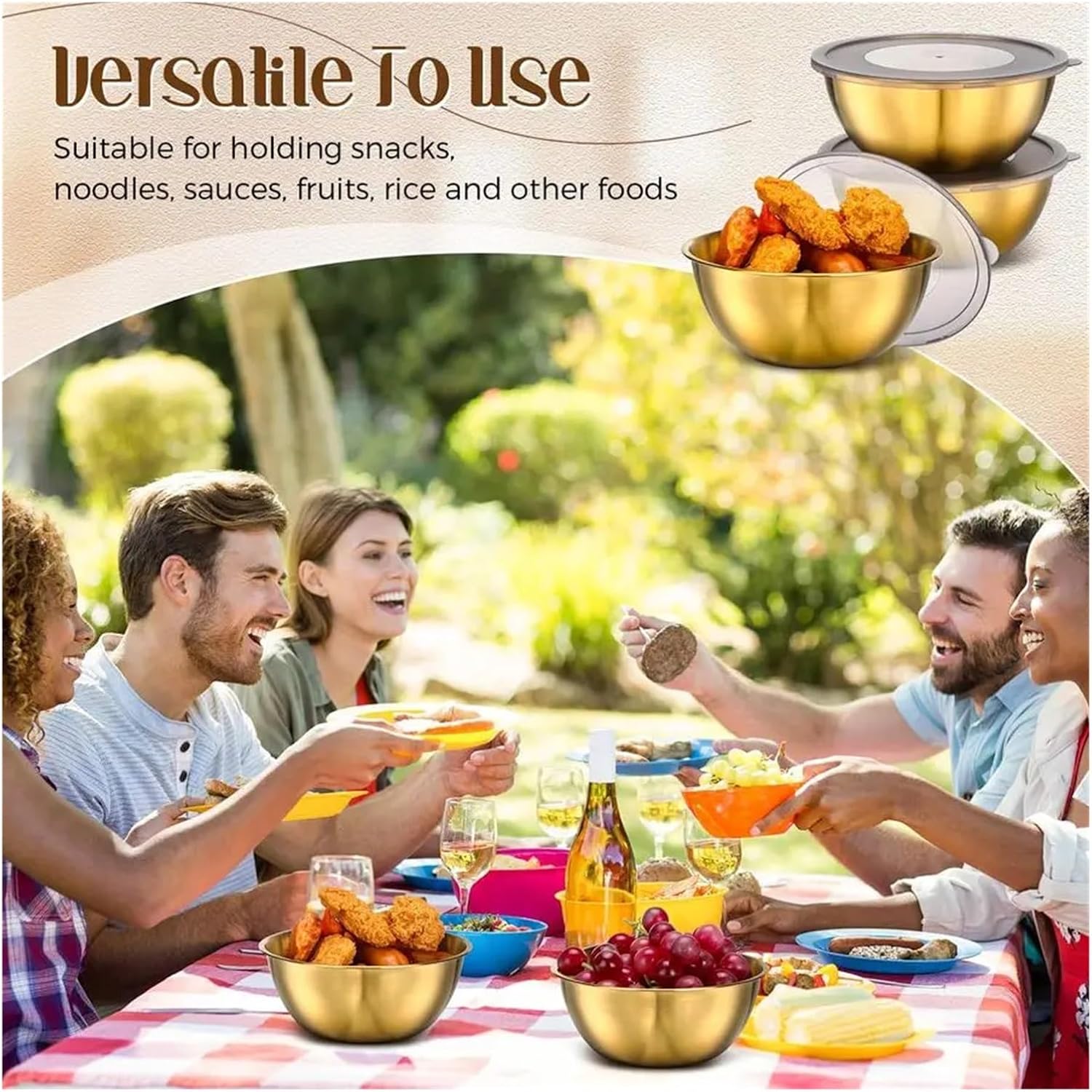 Fit for 12 Pack Gold Stainless Steel Mixing Bowls with Airtight Lids - 6.69 Inches Metal Serving Bowls for Salad, Fruit, and Soup