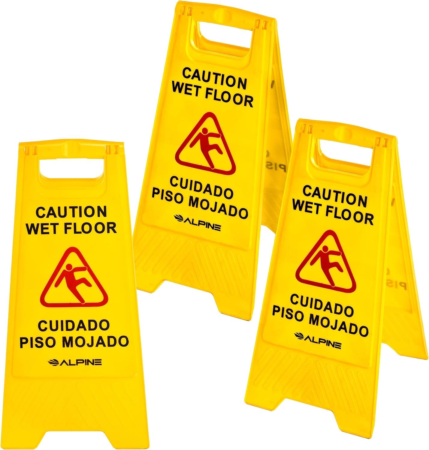 Alpine Wet Floor Signs 3 Pack - 24 Inch Caution Wet Floor Sign, High Visibility Yellow Slippery When Wet Sign - Bilingual Safety Warning Sign to
