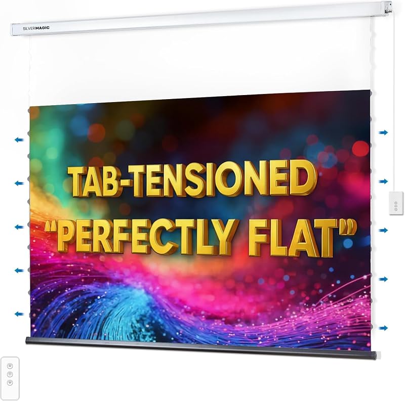 ALR Tensioned Motorized Projector Screen by SilverMagic - Tab Tensioned and Modern Design Gray Screen with White Aluminum case for Home Theater/Living Room/Patio/Office/Classroom - 120 inch 16:9