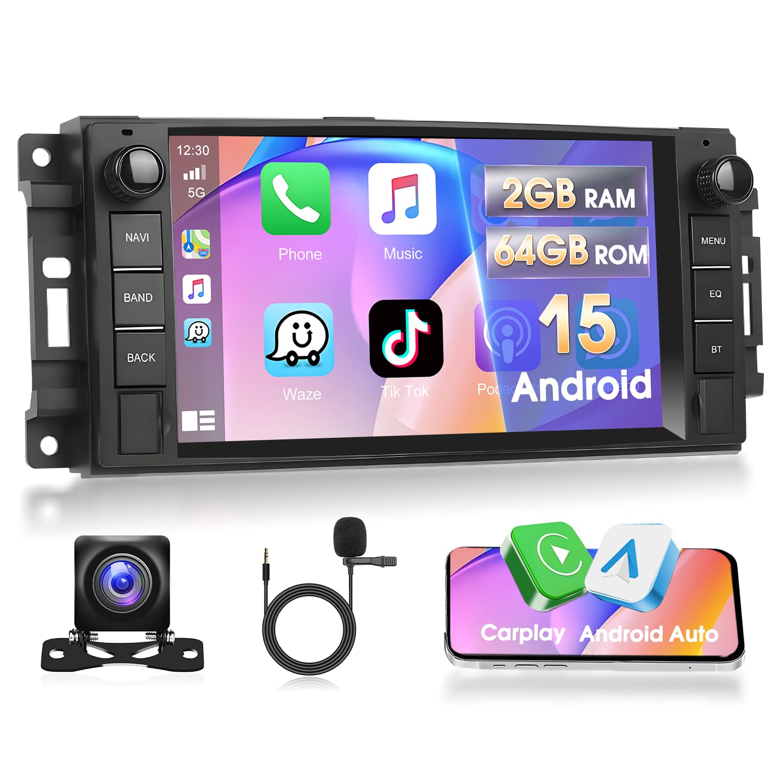 Autoradio für Epica Sebring 300C Jeep Patriot Dodge Challenger, 7'' Radio Stereo Android 15 Carplay Android Auto Radio 2G+64G, DAB+ OBD2, EQ, GPS, WLAN, 720P AHD Rückfahrkamera, Mikrofon