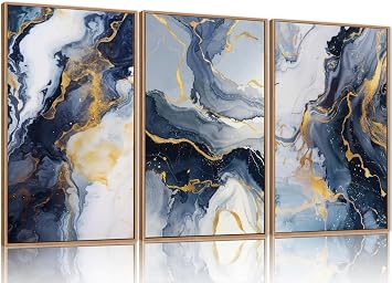 TOARTi Blue Abstract Framed Canvas Wall Art Set,Blue Golden Aesthetic Wall Decor,Navy Blue Gold Wall Painting,Neutral Modern Art Print for Living Room,Bedroom,Dining Room,Office-16x24inchx3
