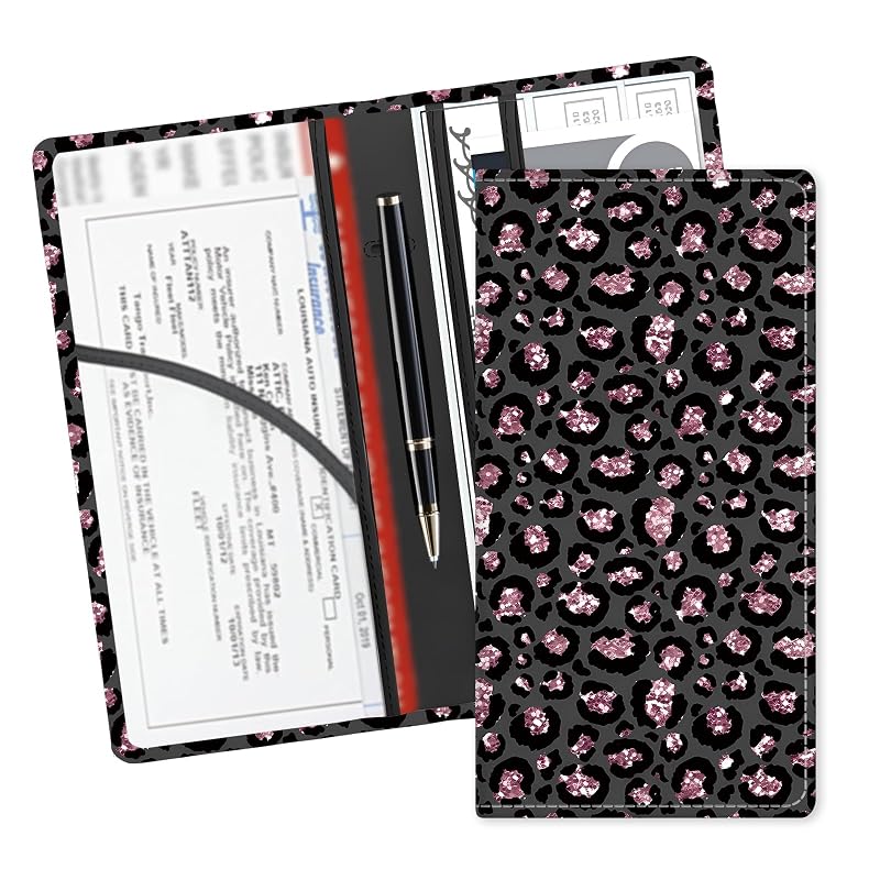 Porta-Documentos Automotivo em Couro Sintético para Registro, Seguro e Cartões, Glitter Sliver Leopard ADUQLZUX
