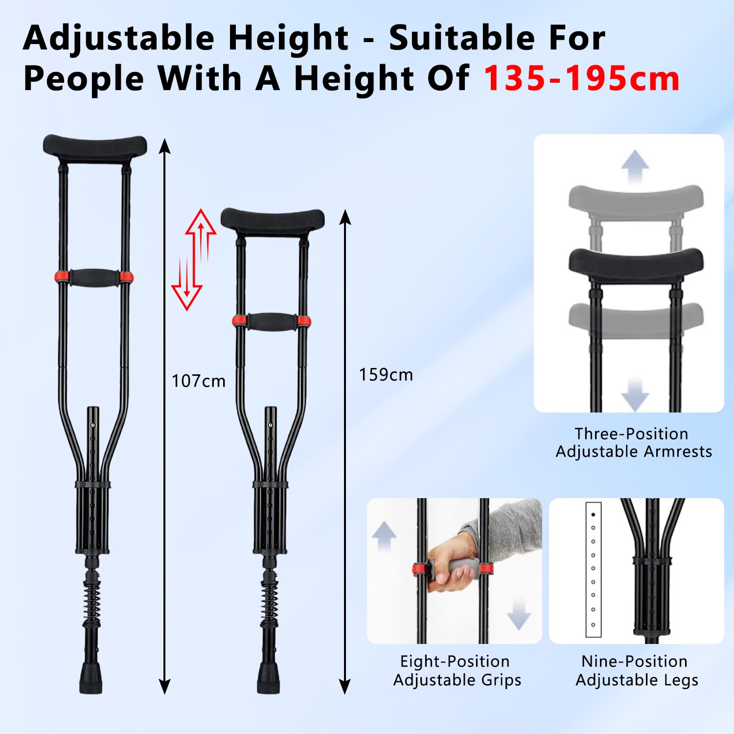 1 Coppia Stampelle Ascellari, Supporti per Avambraccio, Altezza Regolabile, 150KG Portata, Leggere in Alluminio Universali con Imbottiture Morbide per Anziani e Disabili
