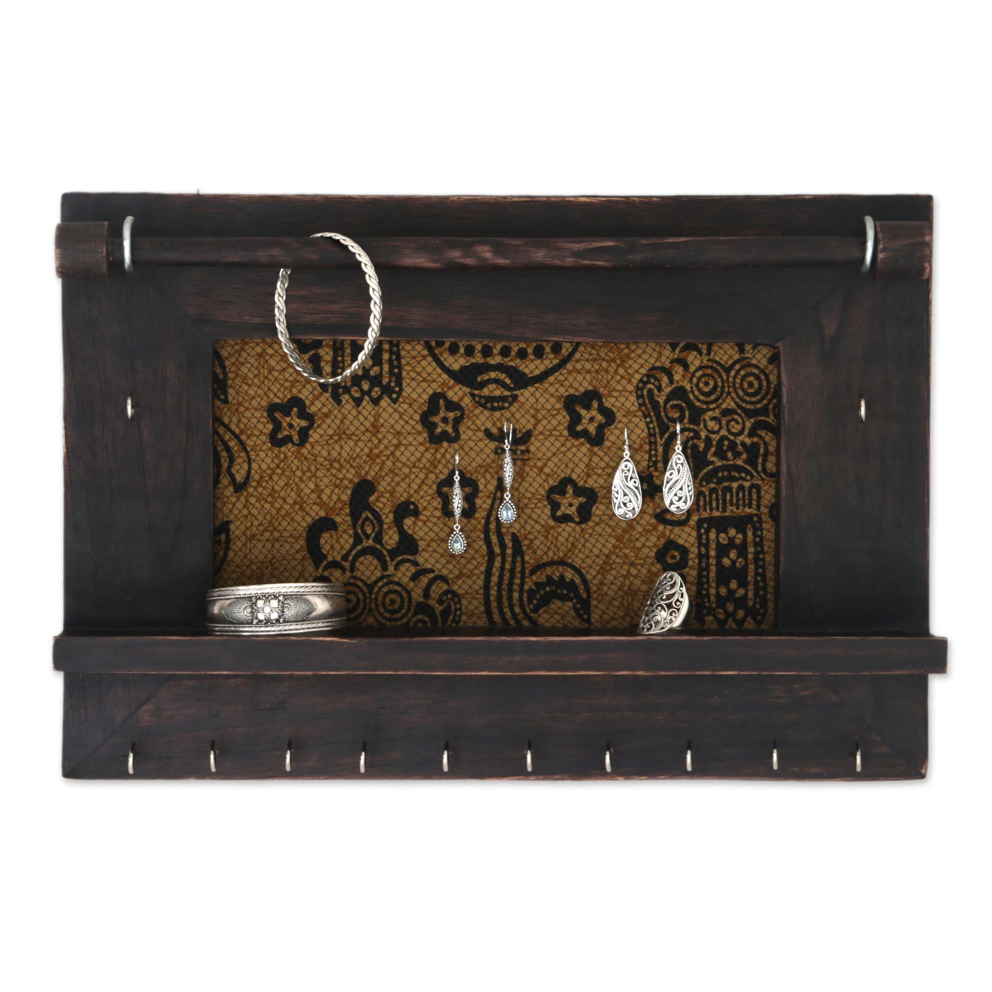 NOVICA Brown And Gold Cotton Wood Batik Jewelry Display Organizer 'Tegalalang Heritage In Brown'
