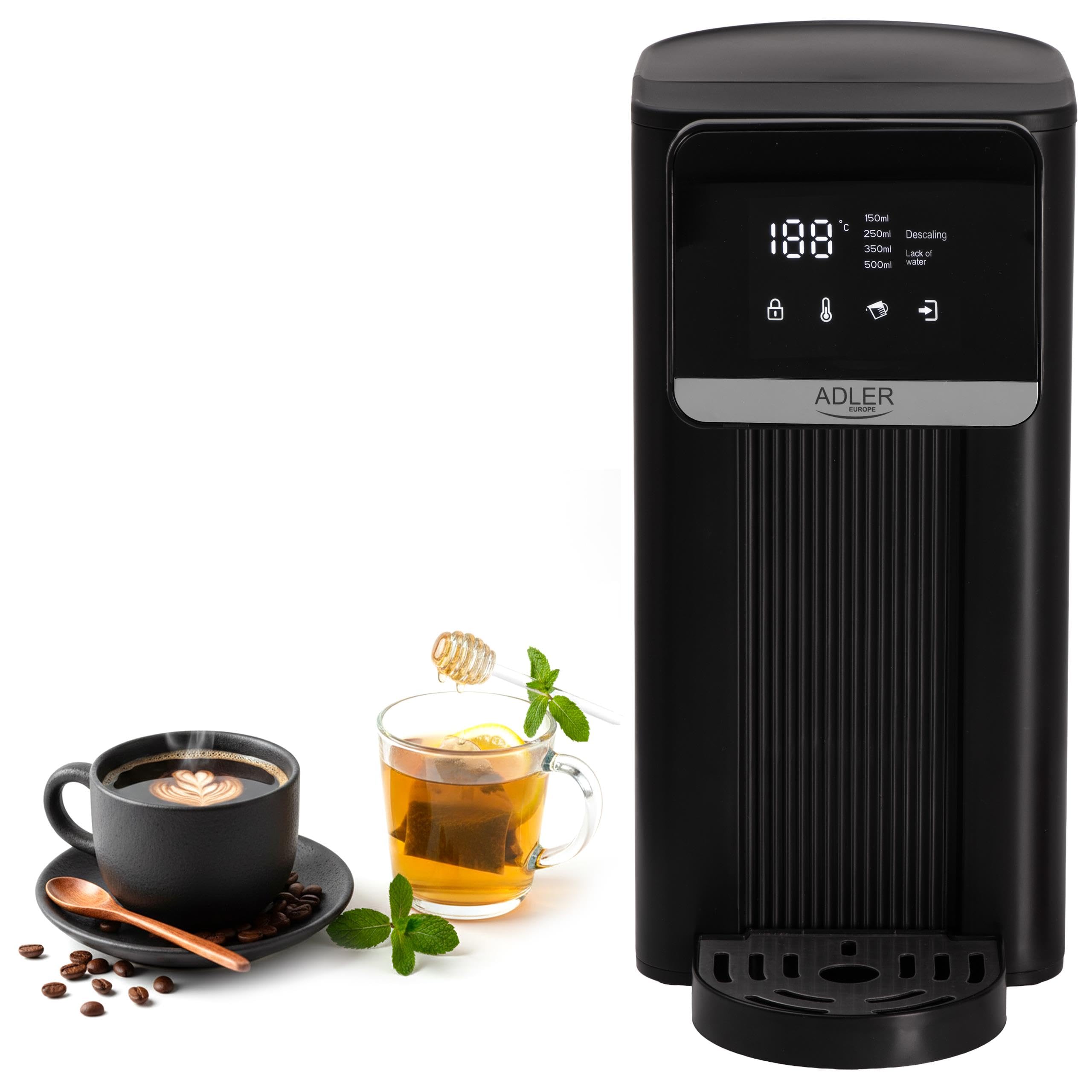 ADLER EUROPE Dystrybutor do gorącej wody, dozownik do przefiltrowanej gorącej wody, filtr do wody, max 2,5L, min 0,5L, 2600W, 8 temperatur, gorąca woda w kilka sekund, energooszczędny, LCD