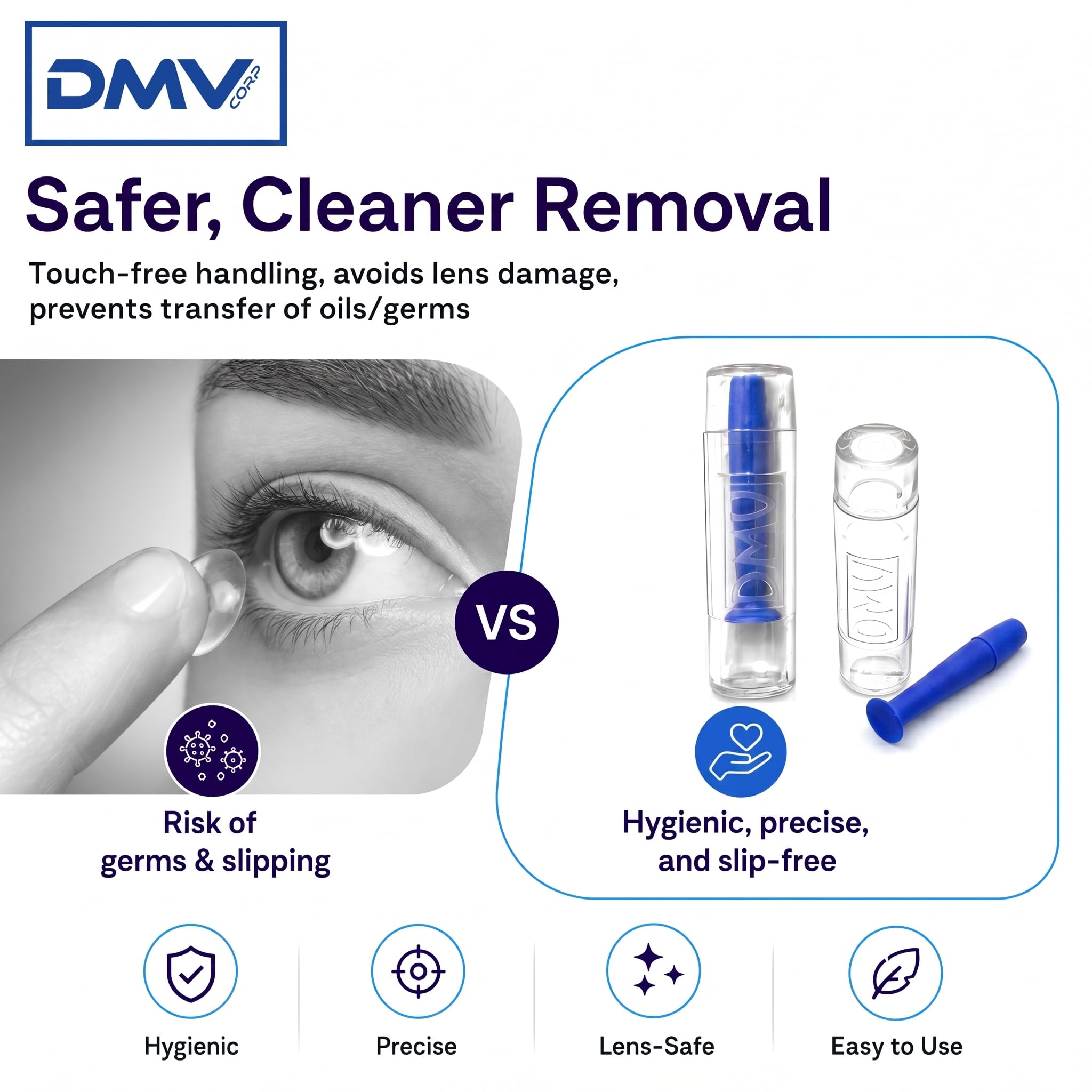 DMV - Herramienta de extracción de lentes de contacto, cobalto, paquete de 10 unidades, émbolo de ventosa fabricado en Estados Unidos para lentes esclerales, rígidas permeables al gas (RGP) y duras