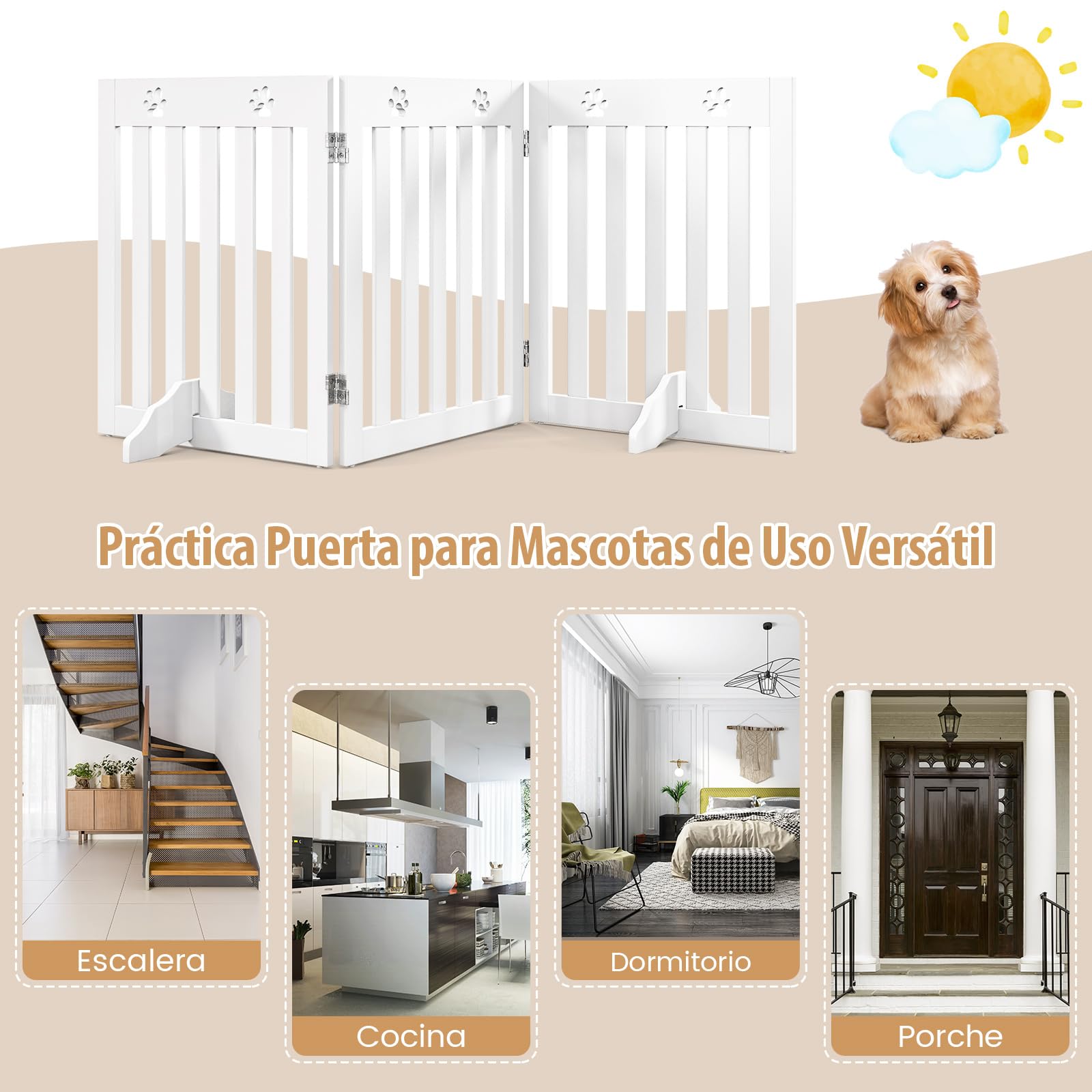 COSTWAY Barrera de Seguridad Plegable para Perros Mascotas Valla Protección para Habitación Puerta Escalera (Blanco, 3 Paneles)
