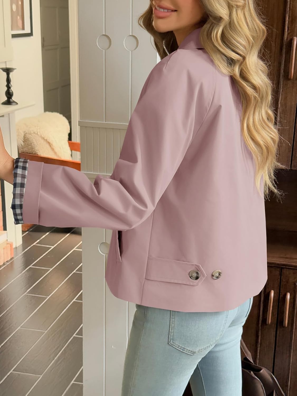 Tankaneo Womens Cropped Trench Coat Lightweight Single Breasted Jacket Fall Windbreaker Fashion Outerwear - Image 4