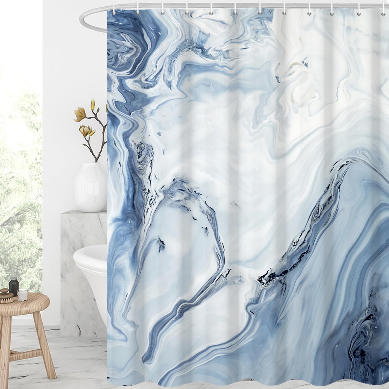 GCIREC Shower Curtain, 120x200cm, Blue White Texture Ink Marble Modern Art Waterproof Fabric Machine Washable Bathroom Curtain with Hooks
