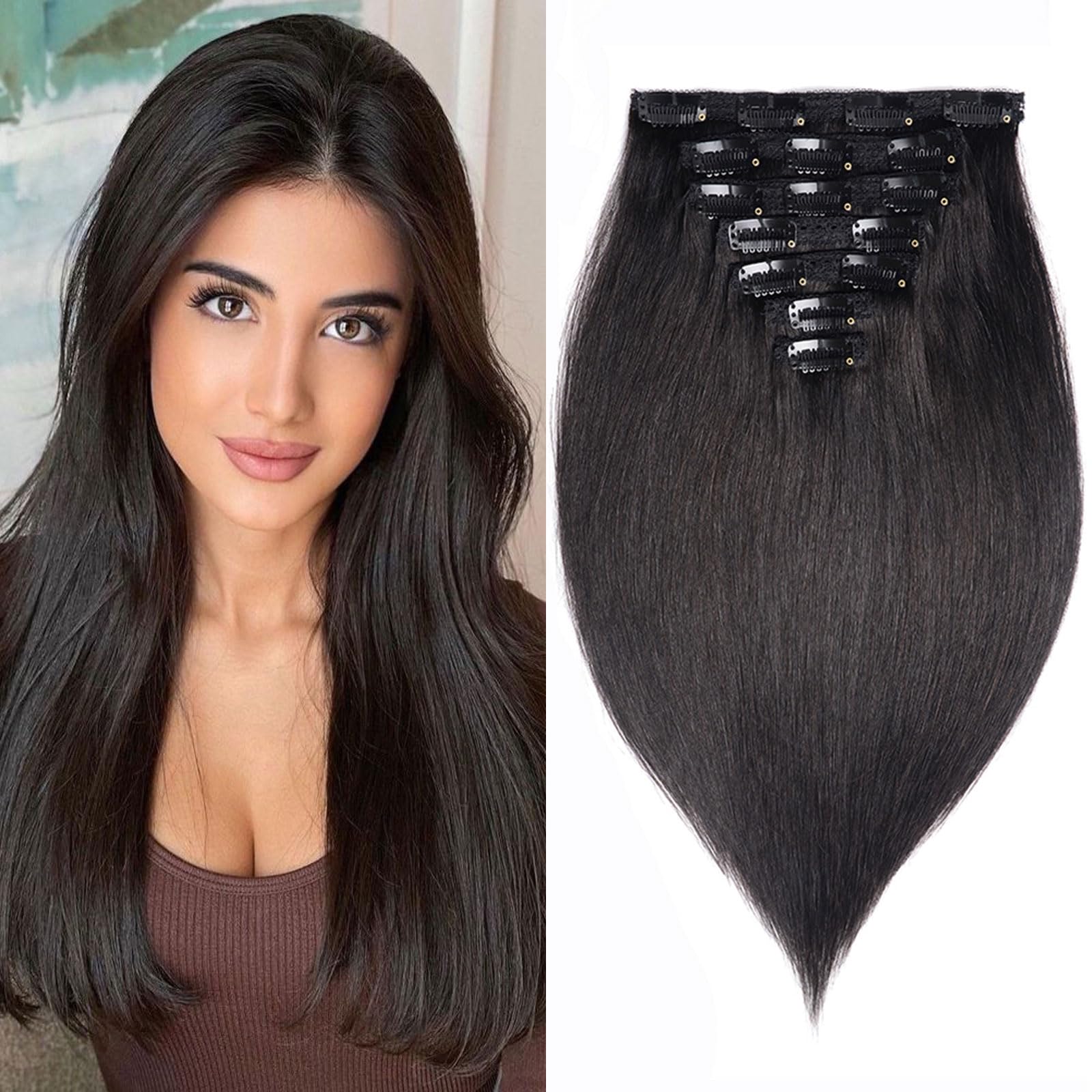 16" Clip in Human Hair Extensions Full Head 130g 7 Pieces 16 Clips 1B# Natural Black Double Weft Brazilian Real Remy Hair Extensions Thick Silky