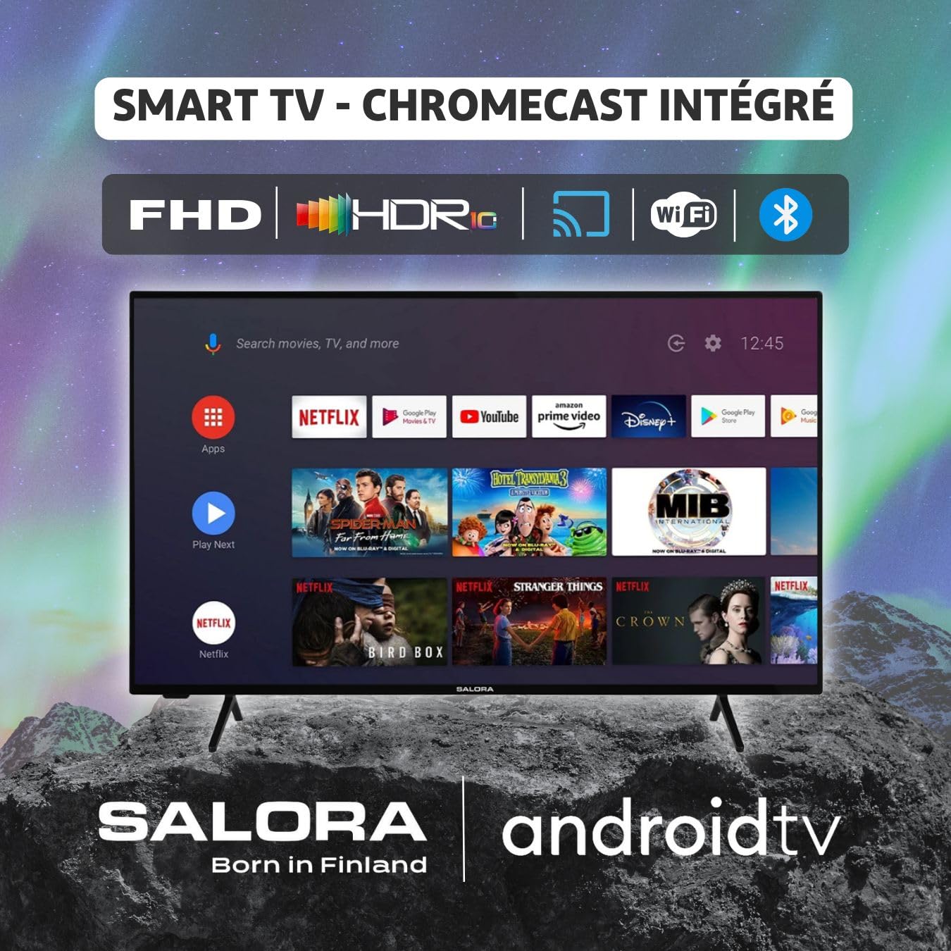 SALORA SMART40TV– TV Android avec écran LED Full HD 40 Pouces, HDR10 et HLG, Wi-FI, Bluetooth, 3X HDMI, Tuner DVB-T2/S2, Commande vocale, Classe énergétique F, TV LED compacte pour la mai