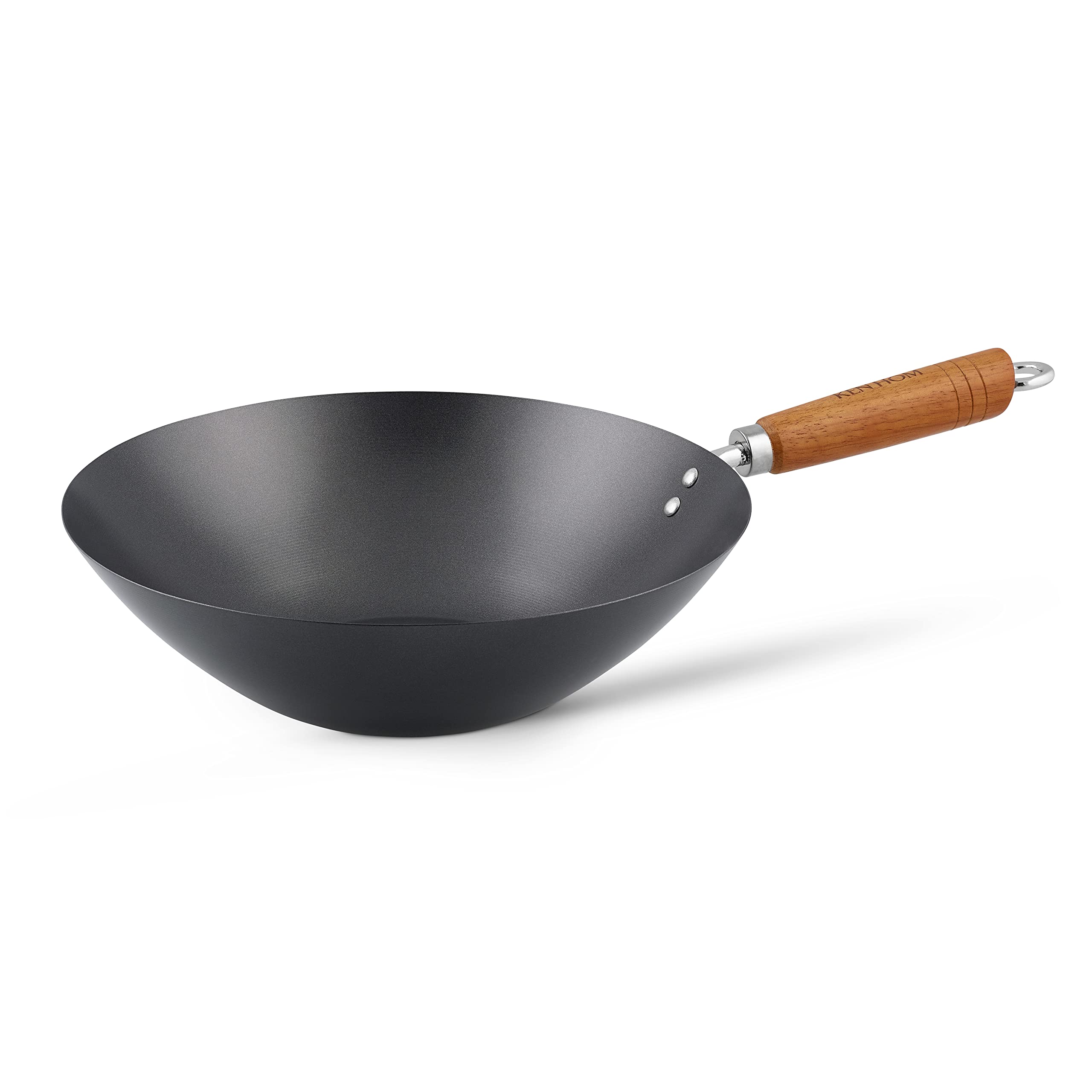 Ken Hom Carbonstahl Wokpfanne Set mit 31cm Pfanne mit Deckel 1x Pfannenwender aus Holz, 1x Holzlöffel, 1x Anleitungsheft mit Rezepten, Nicht-Induktion/Holzgriff