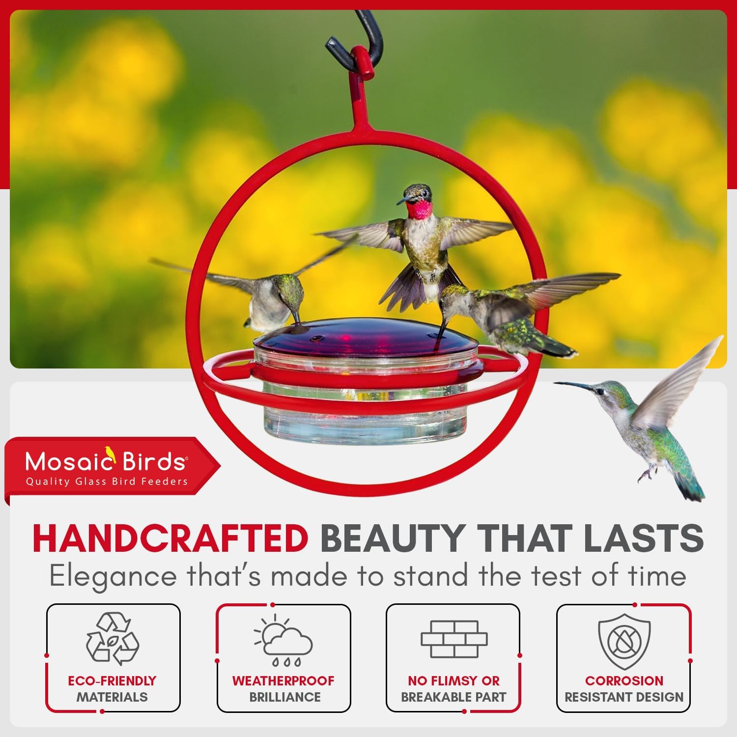 Hummingbird Feeder for Outdoors Hanging, 3.4 OZ Hummingbird Feeders, Glass Bowl with 4 Feeding Ports, Leak Proof Lid & Circular Perch, Bird Feeder (1, Red) - Image 3