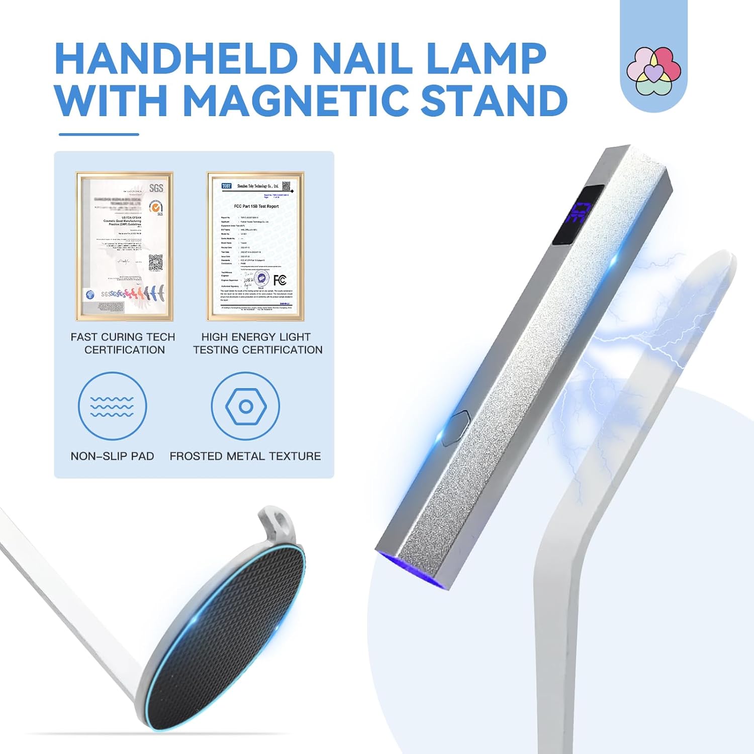 SAVILAND Handheld Magnetic U V Light for Nails: Silver 2-in-1 Magnetic Nail Stand Nail Stand for Press ons: 15pcs Strong Magnetic Aurora Nail Holder For Painting Nails With Nail Stand 40 Pcs