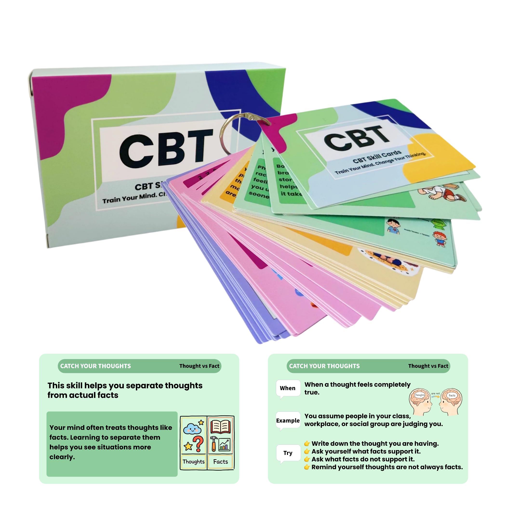 Tarjetas de herramientas CBT para adultos y adolescentes: 35 tarjetas de terapia cognitivo-conductual para ansiedad, tarjetas cognitivo-conductuales para aliviar el estrés, autoayuda