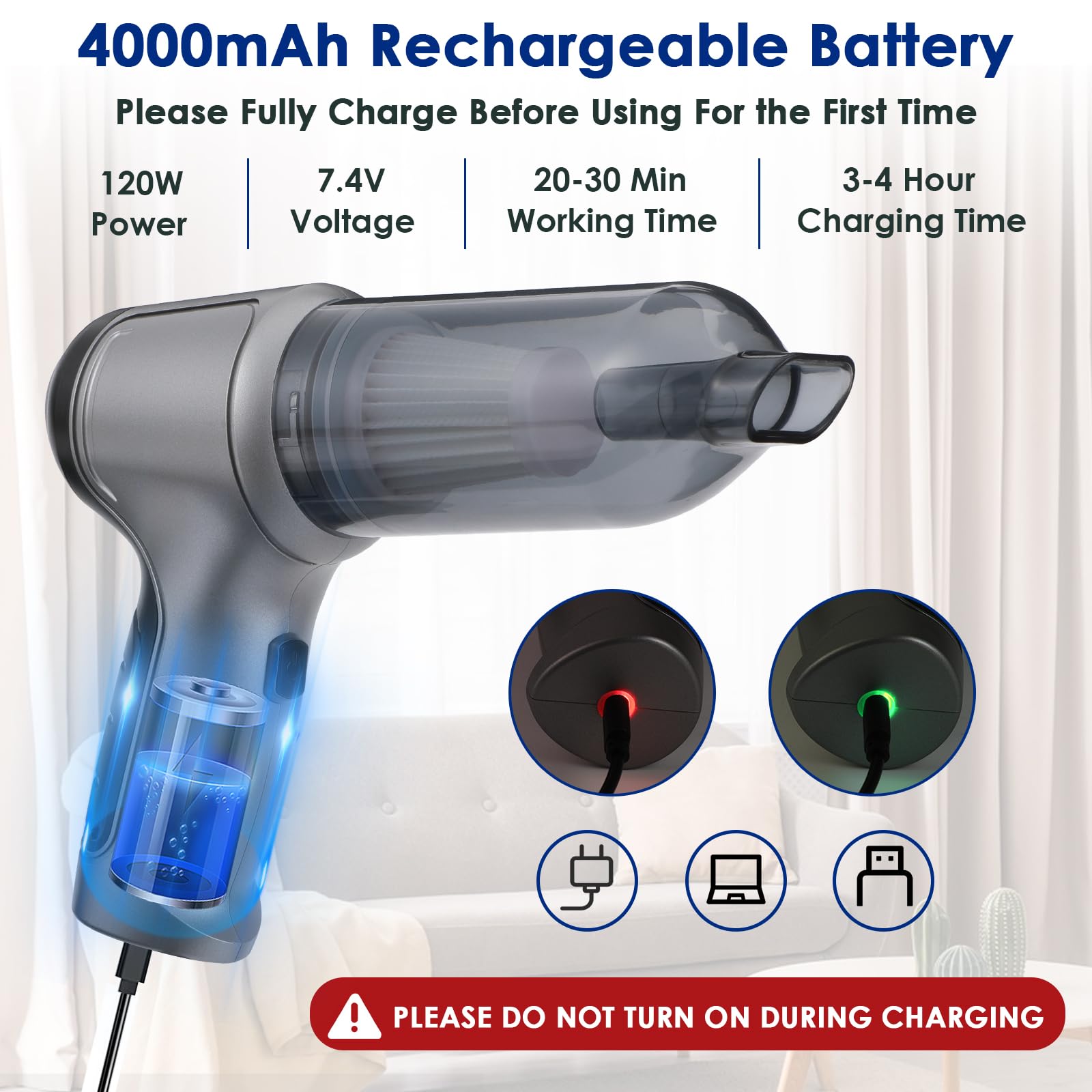 BELIBUY Aspirateur de voiture portable sans fil, mini aspirateur à main, aspirateur à main, 8000 Pa et dépoussiéreur avec buses multiples pour voiture, ordinateur, canapé, bureau, animal de compagnie