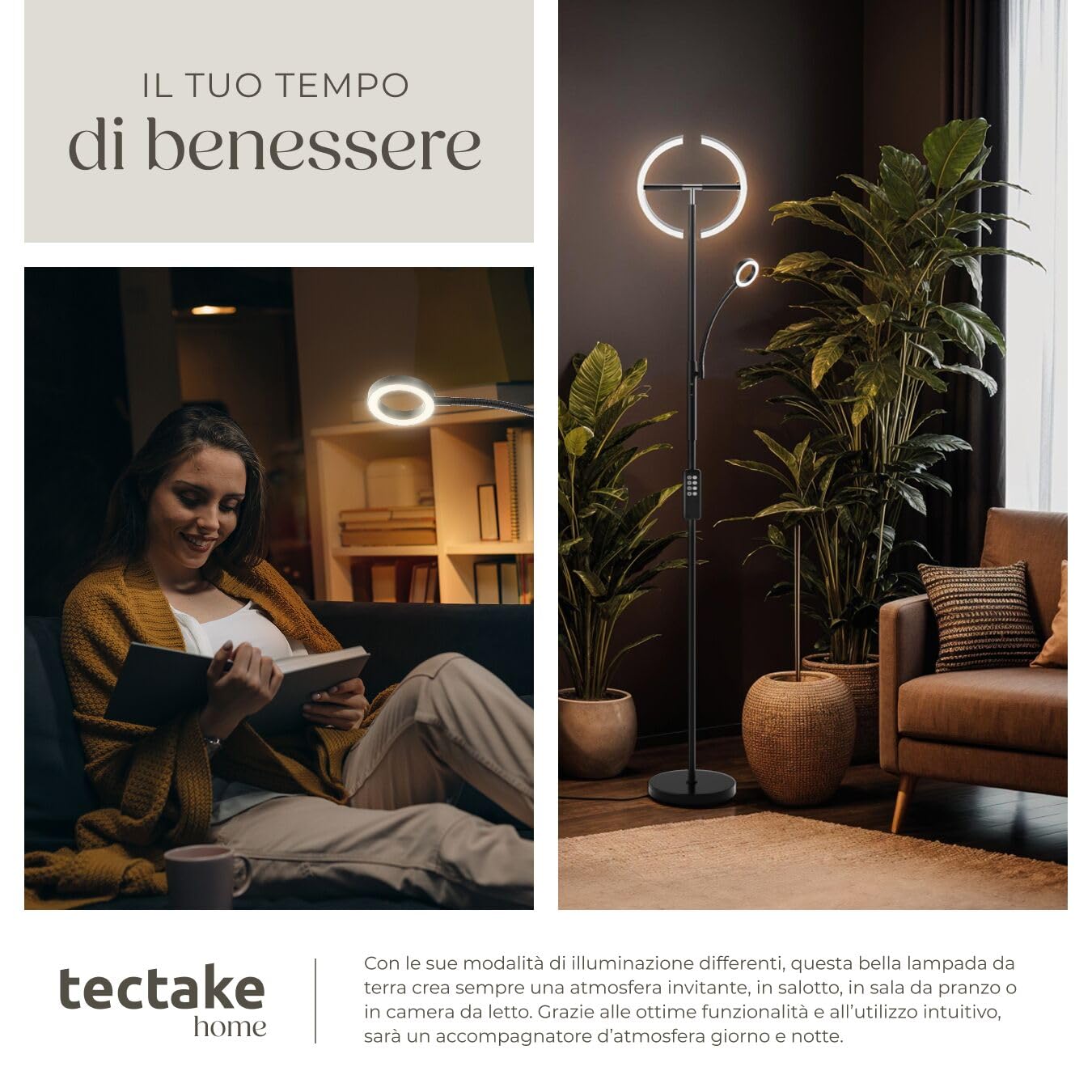 tectake® Lampada da Terra LED 20W, Piantana LED con Luce da Lettura Integrata, Arco Flessibile, Dimmerabile, Temperatura Colore Regolabile, Pannello Touch, Telecomando Magnetico - Nero