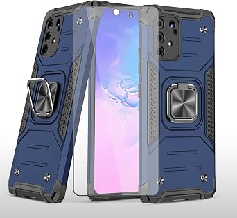 Asuwish Phone Case for Samsung Galaxy S10 Lite with Tempered Glass Screen Protector Cover and Ring Holder Stand Hybrid Protective Cell Accessories Glaxay S10lite S 10 10s Galaxies A91 Women Men Blue