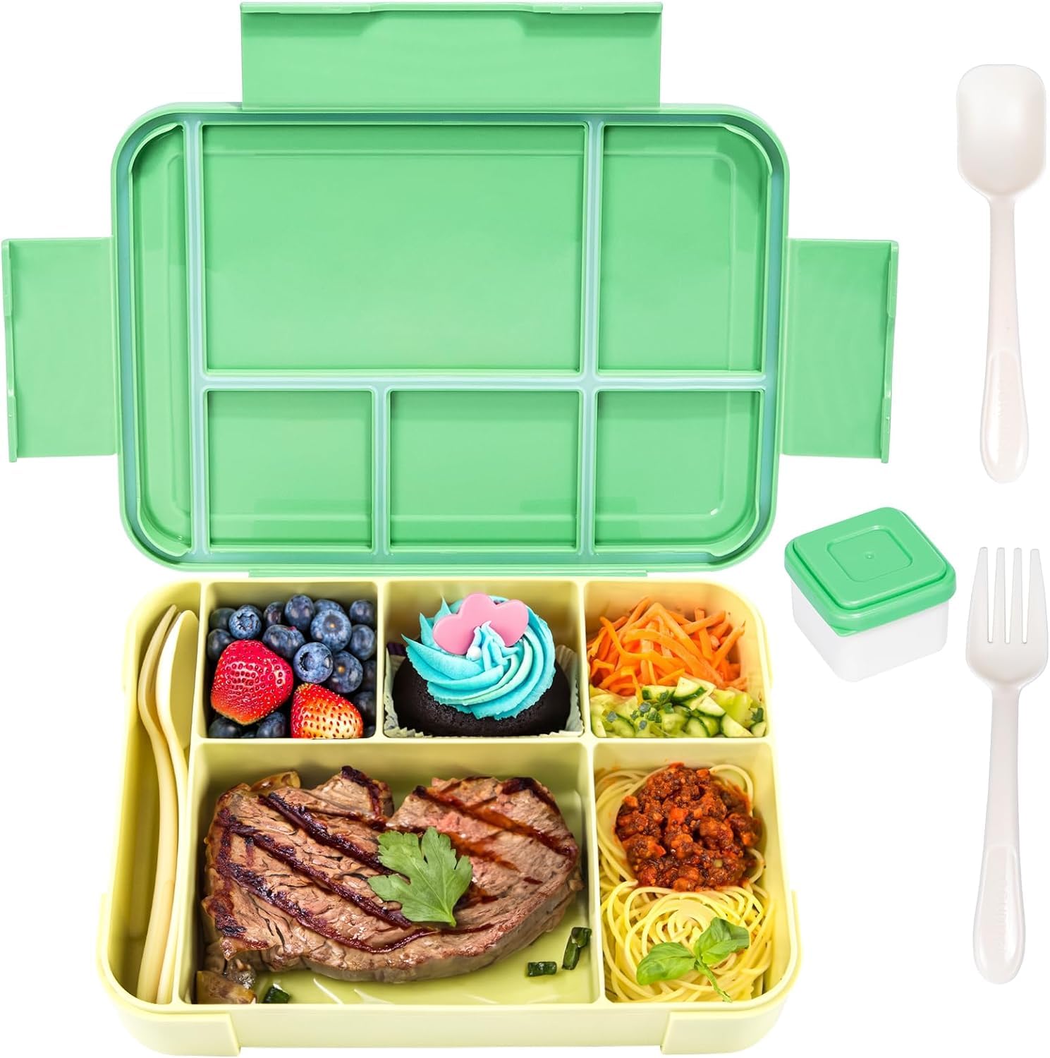 Bento All-in-One Lunch Box: Leakproof, 5 Types, and Tableware Set - Ideal for Kids and Adults (Green)
