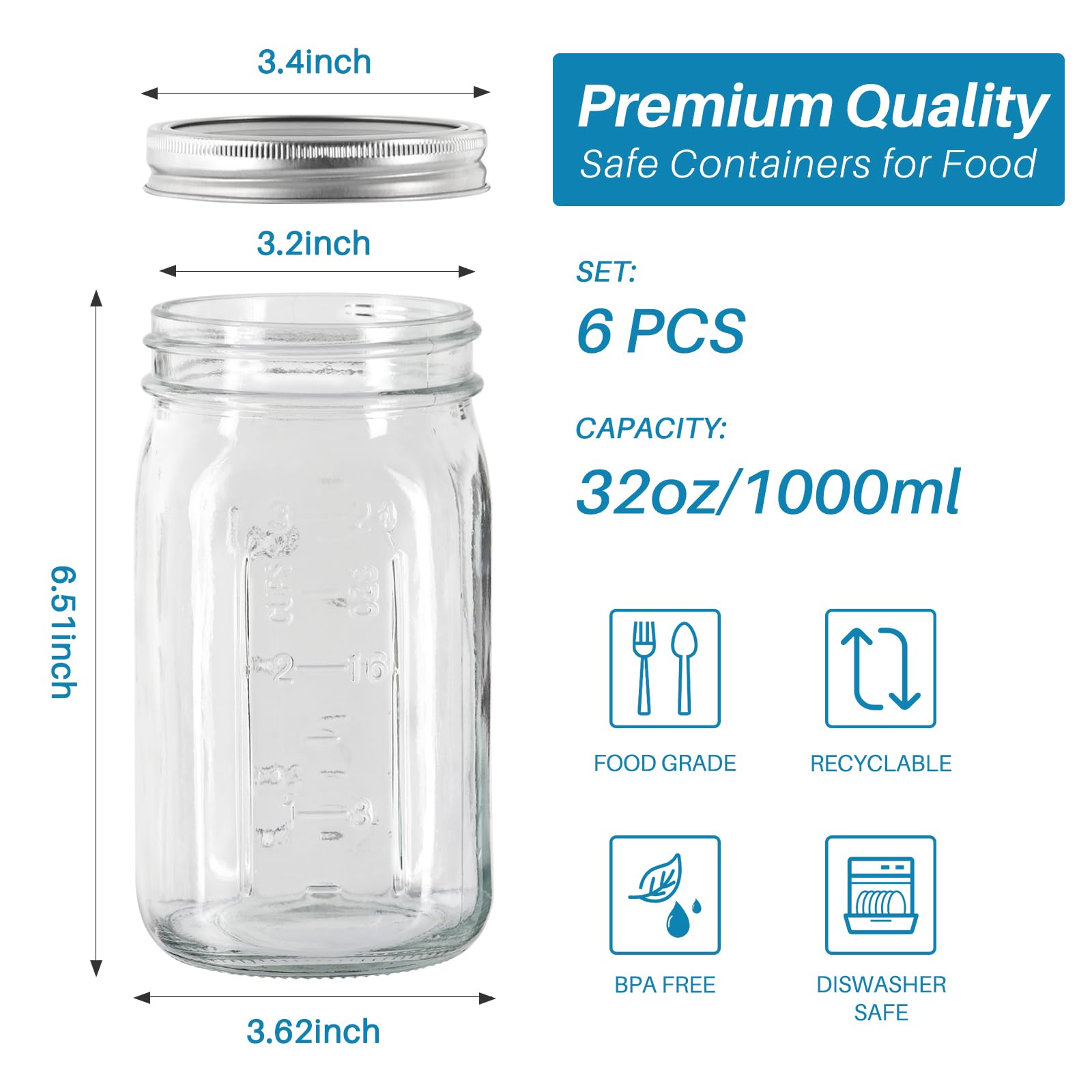 Lot de 6 bocaux Mason en verre de 950 ml avec couvercles et bandes argentés – Pour conserver les aliments en conserve, avoine pendant la nuit, mariner, fermenter, décorer