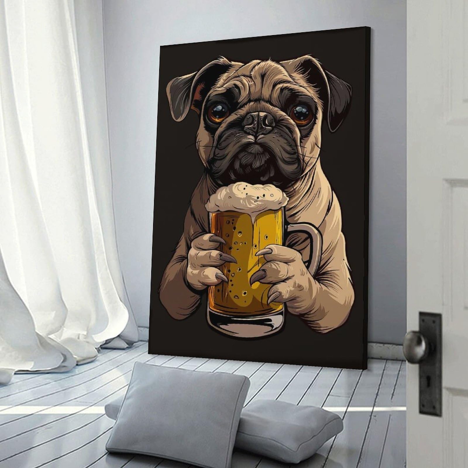 Junmoney Pug Beer Wall Art Print 20x30inch(50x75cm), for Hallway, Entryway Or Landing, Wall Decor to Refresh Empty Corners, for Cosy Room Updates