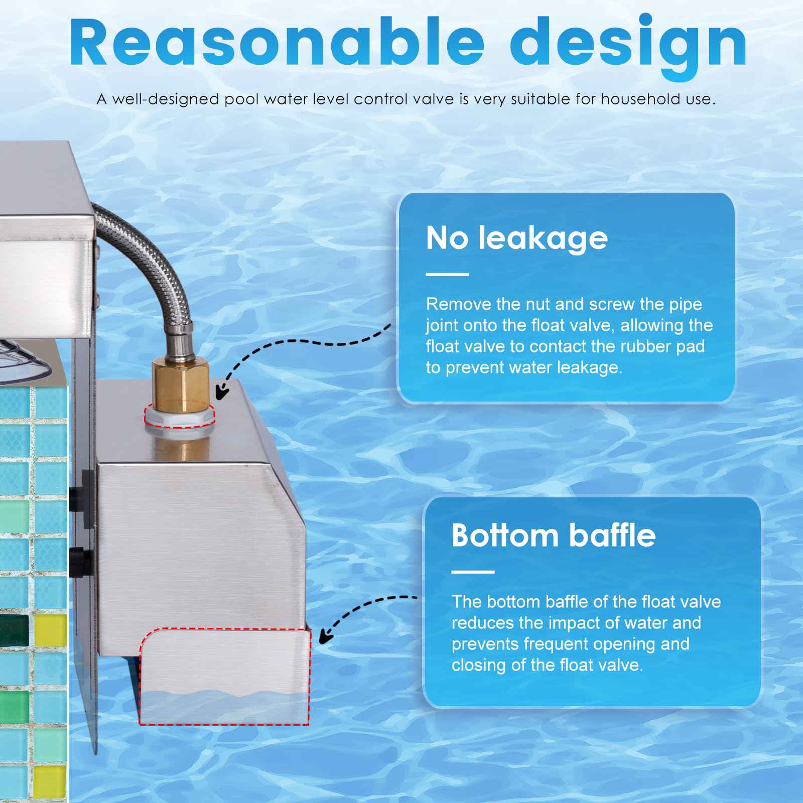 Llenador automático de agua para piscina, llenado automático, control de nivel de agua de cascada con válvula flotante para piscina, spa, estanque, piscina, llenado automático (plateado)