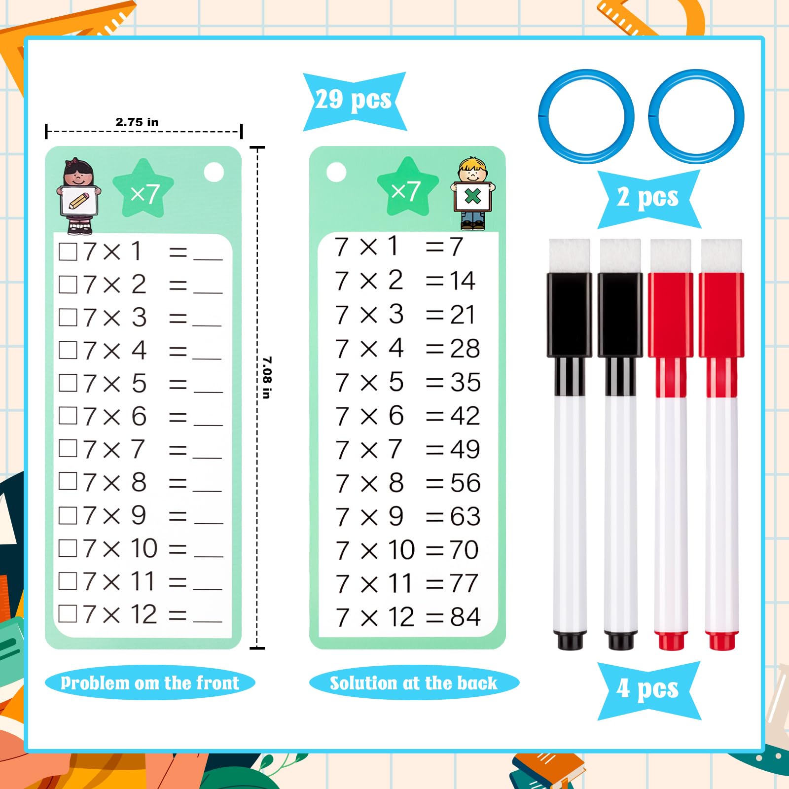29Pcs Multiplication and Division Flash Cards, Math Flash Card with 4 Dry Erase Pens 2 Rings, Time Table Flash Cards for 1st to 3rd Grades Fun Learning with Math Game